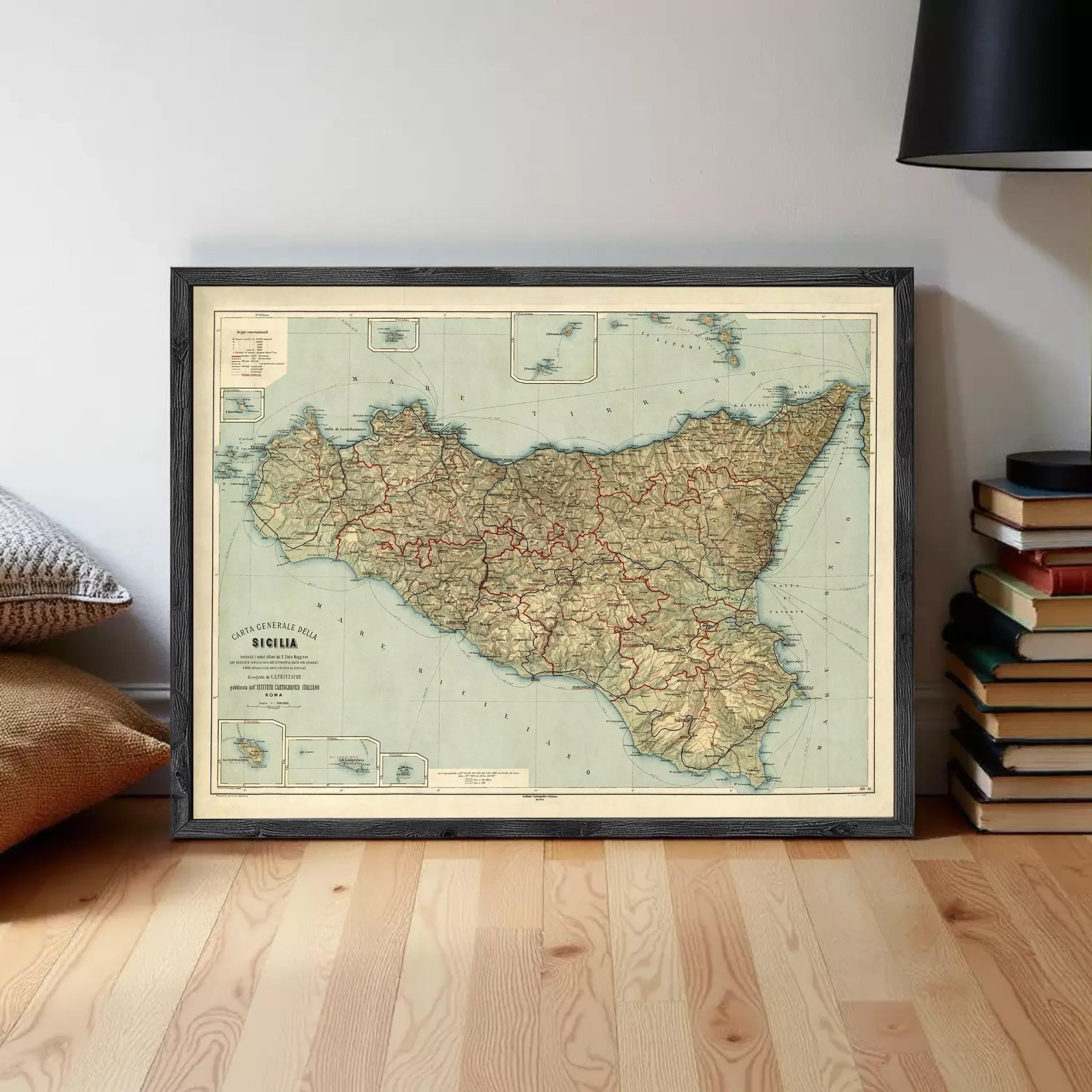 The image is a framed map of Sicily, Italy, depicting the country's geographical layout and surrounding areas.