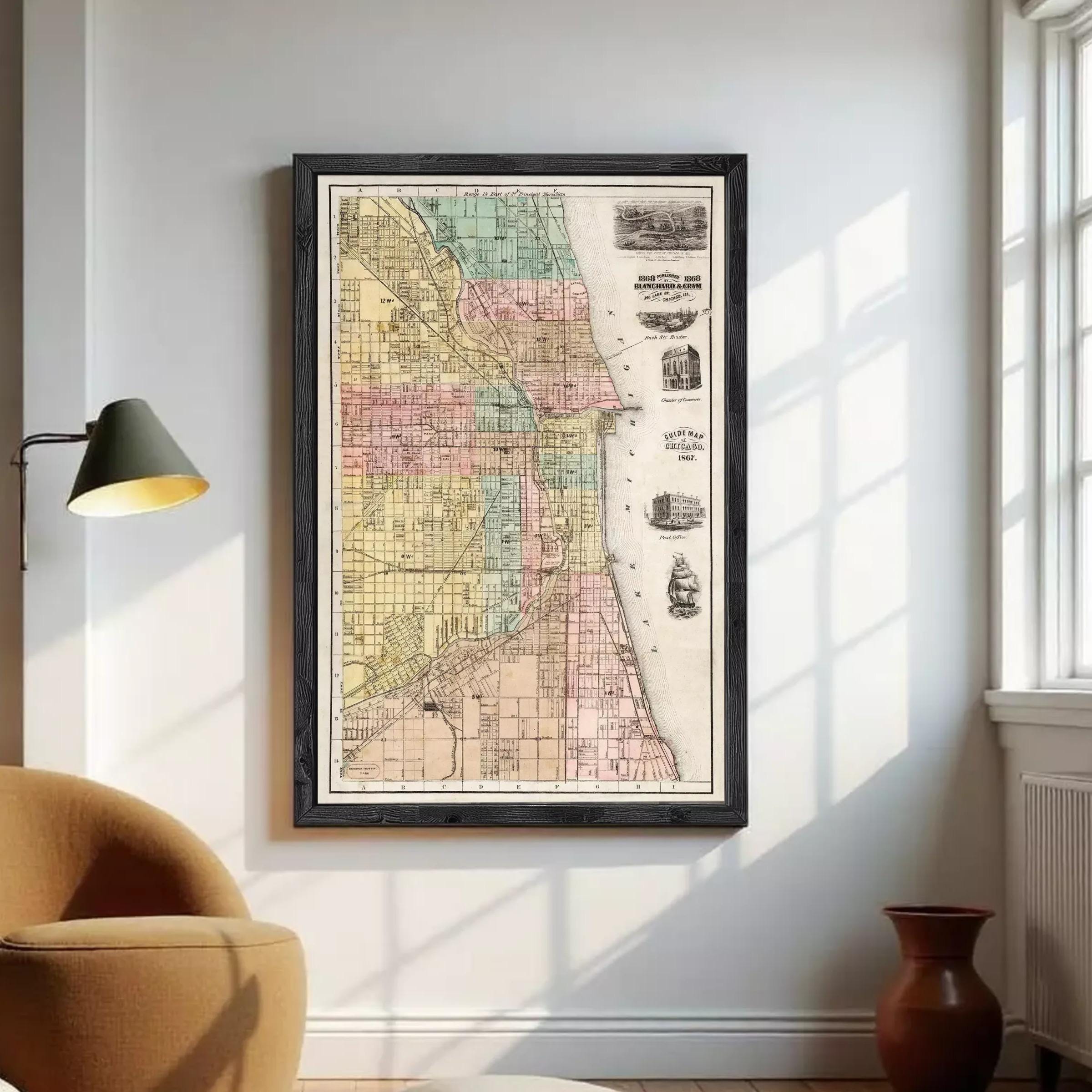 The image is a framed vintage map of Chicago, Illinois, with a black border and a white background.