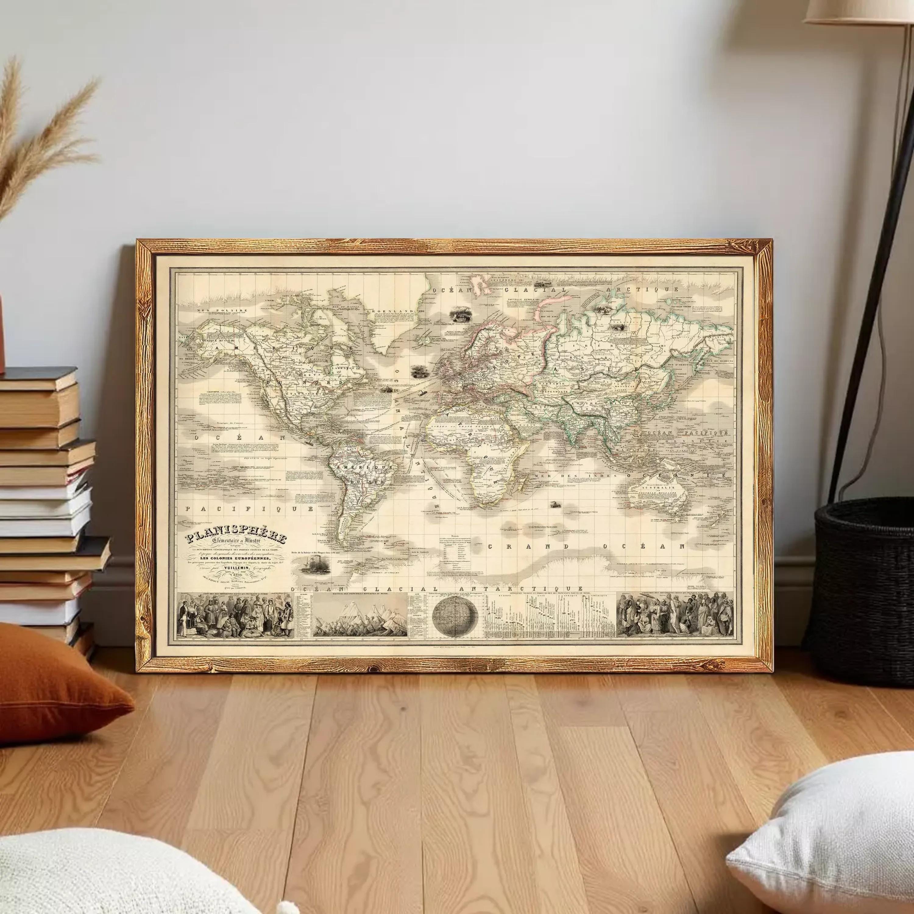 The image is a framed vintage world map depicting the continents and oceans, with a wooden frame.