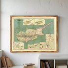 a framed vintage map of Cyprus hanging on a wall.