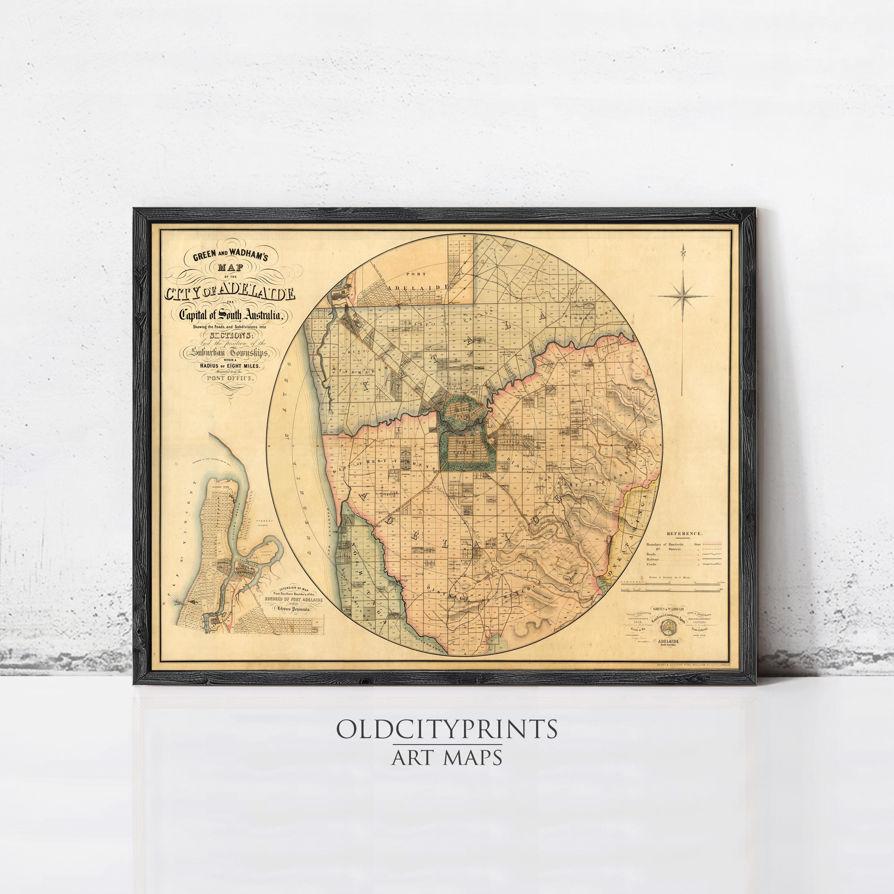 The image is a framed vintage map of the city of Citadel of South Australia, with a black border and a white background.