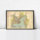 The image is a framed vintage map of a city, likely New York, with various streets, landmarks, and bodies of water labeled.