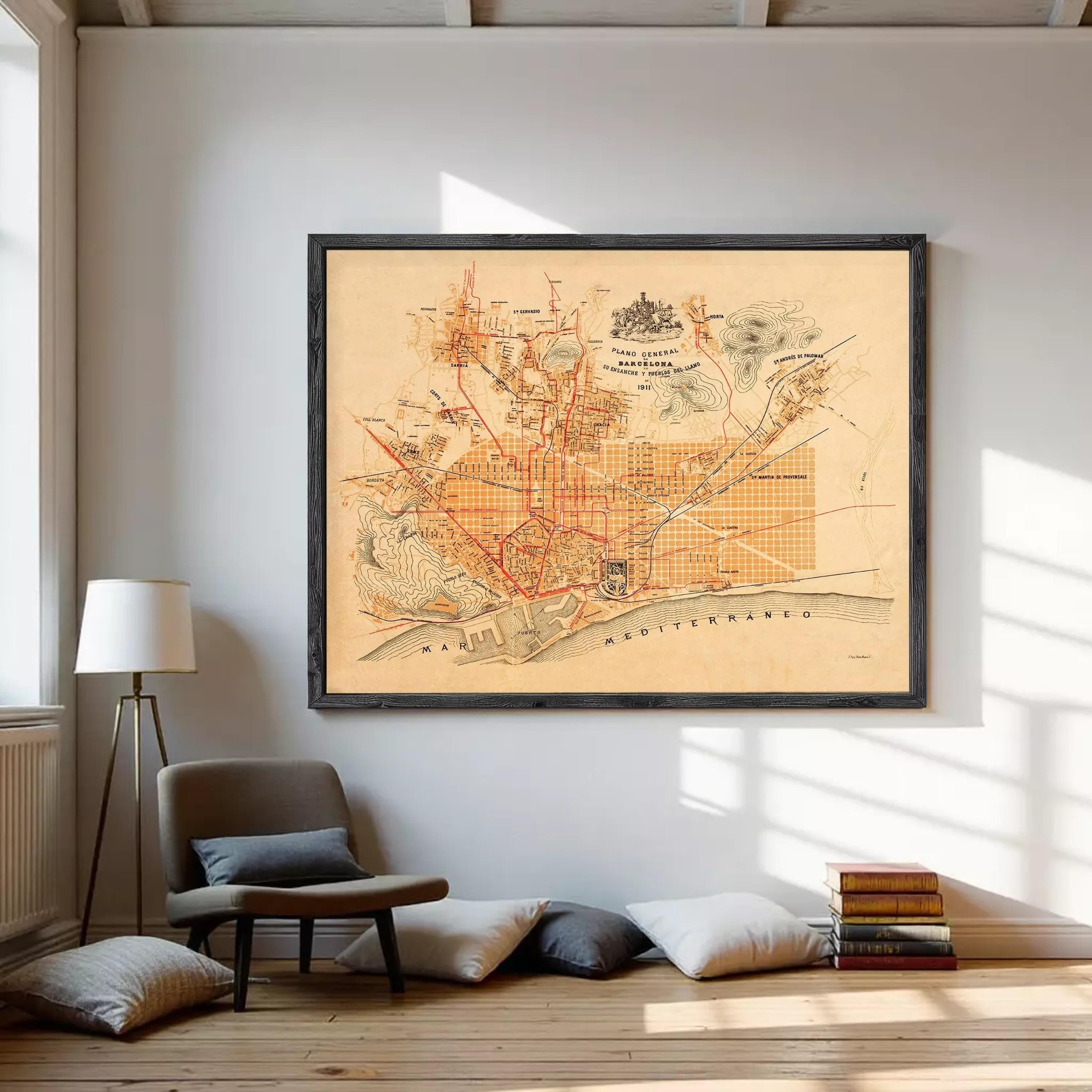 The image is a framed vintage map of Barcelona, Spain, depicting the city's streets and landmarks.