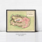 The image is a framed art print depicting a map of Le Mont S' Michel, a historic city in France.