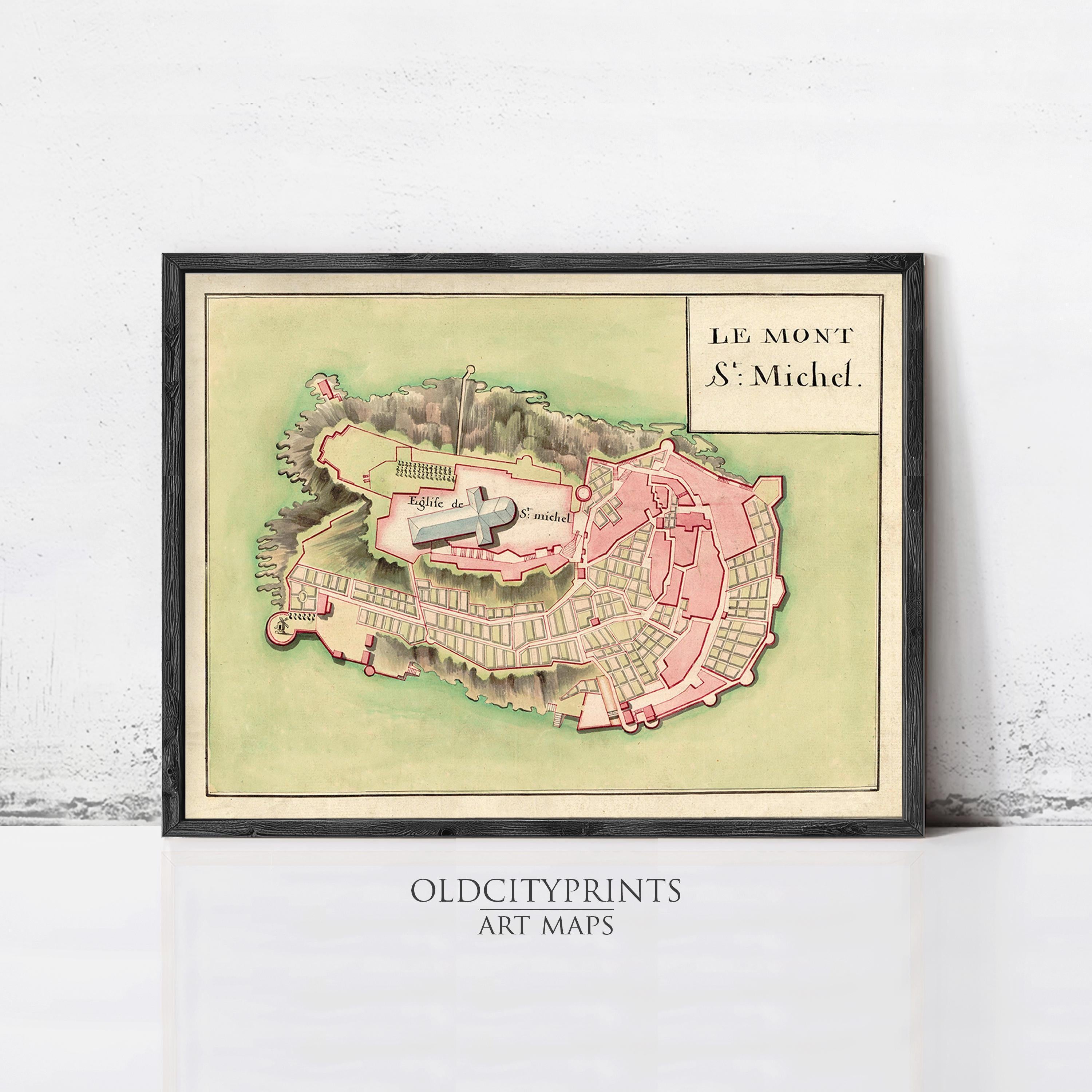 The image is a framed art print depicting a map of Le Mont S' Michel, a historic city in France.