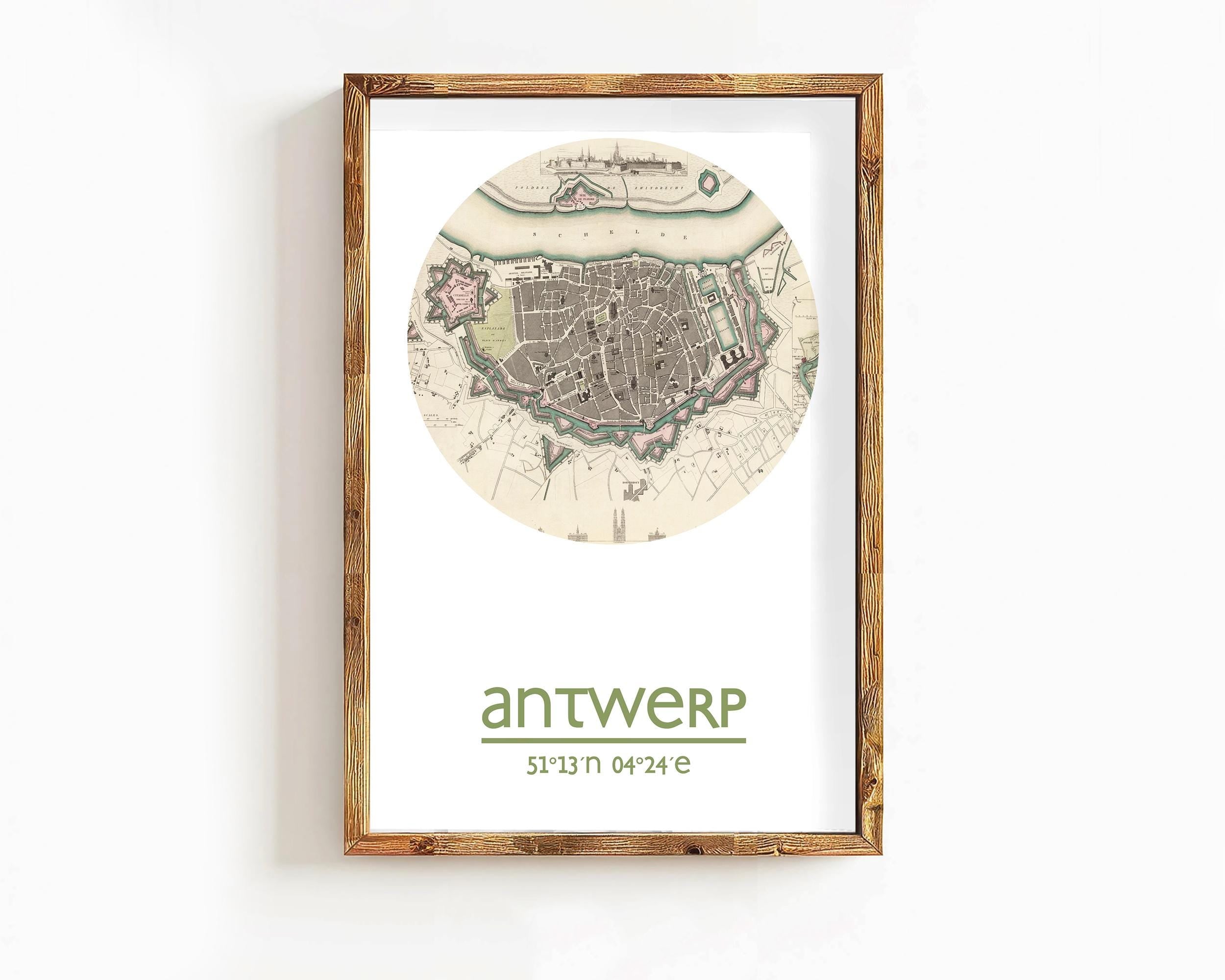 The image is a framed print of a map of Antwerp, Belgium, with the city's name and location displayed.
