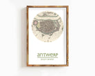 The image is a framed print of a map of Antwerp, Belgium, with the city's name and location displayed.