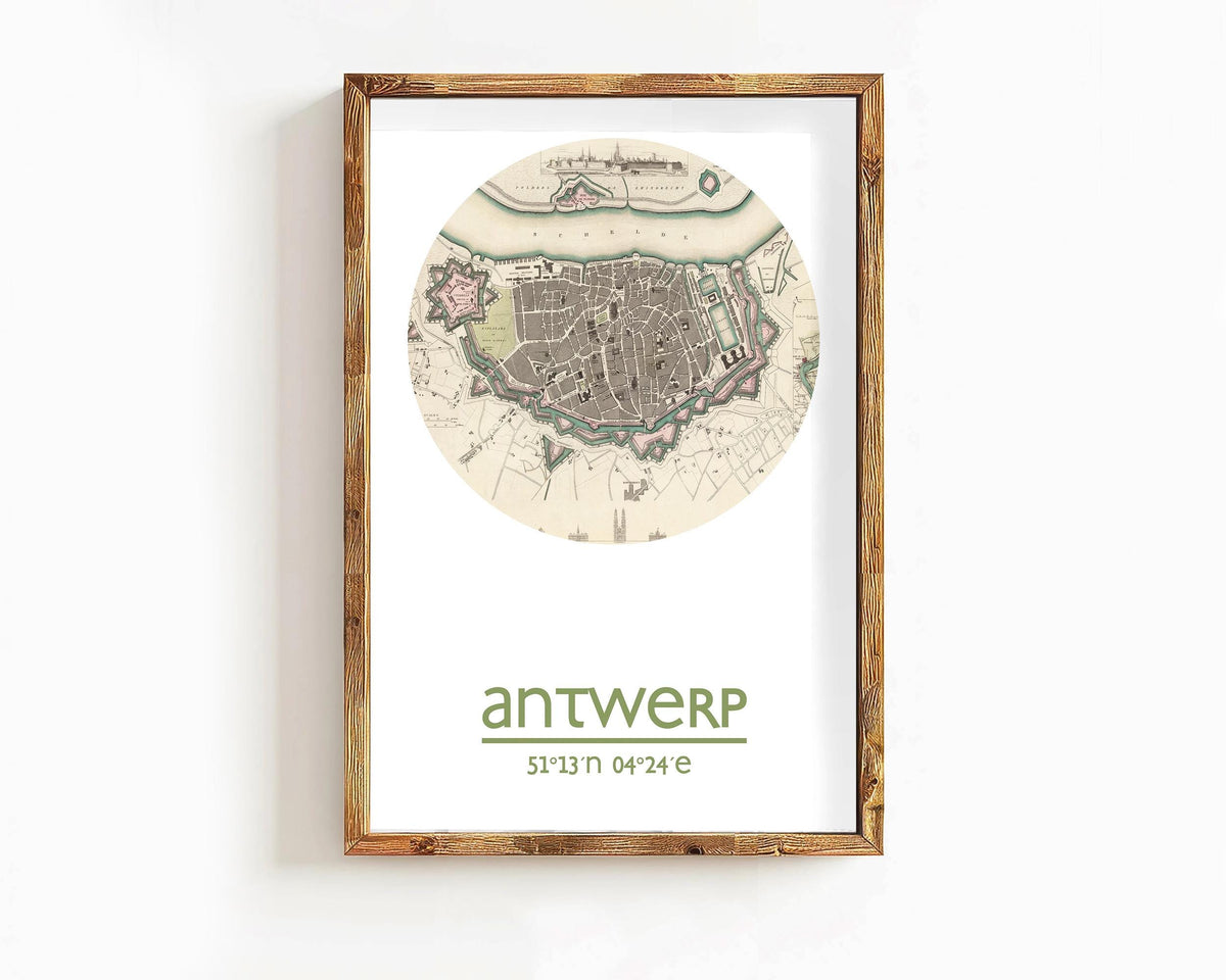 The image is a framed print of a map of Antwerp, Belgium, with the city's name and location displayed.