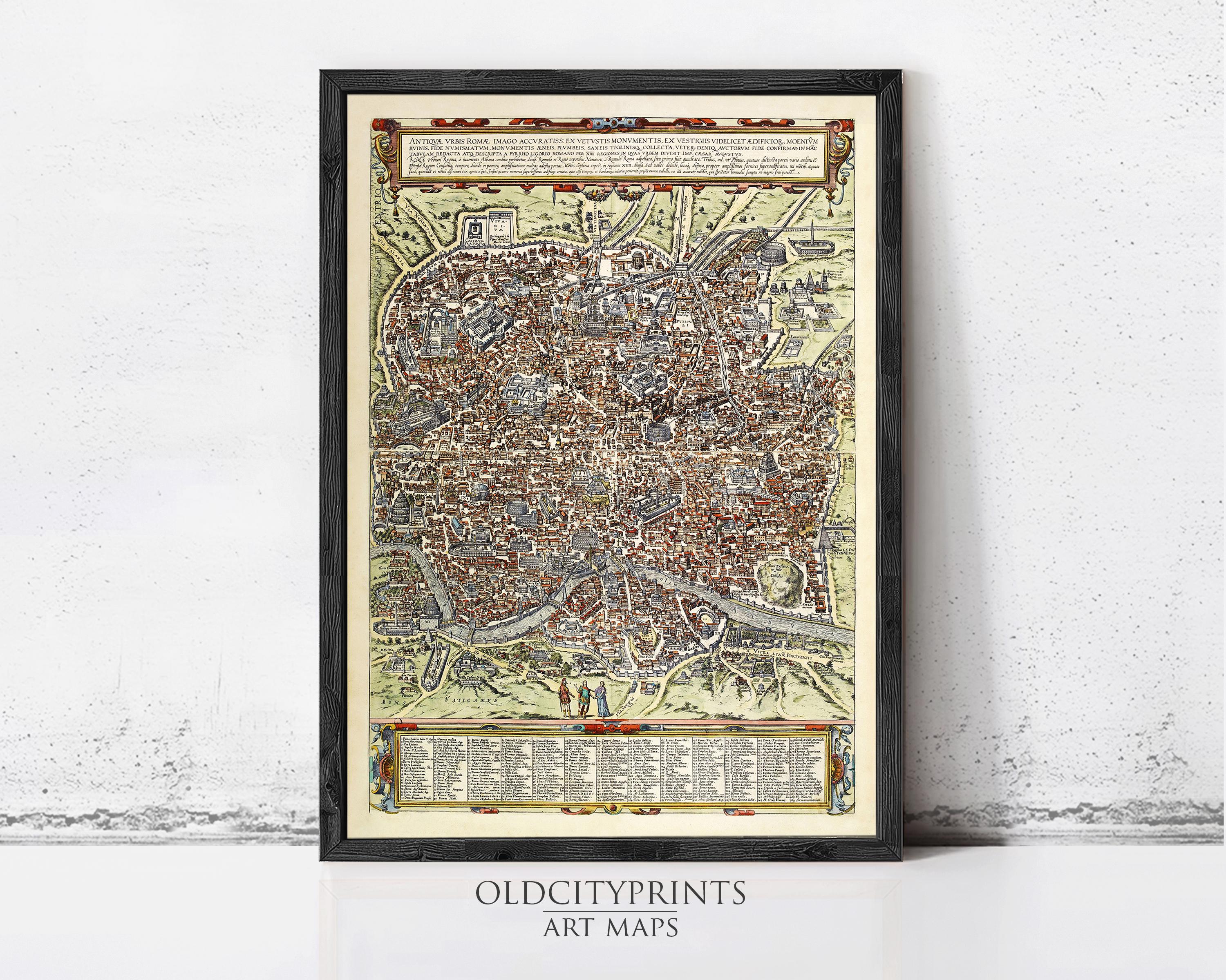 The image is a framed art print depicting a detailed map of an old city, likely from the Middle Ages.