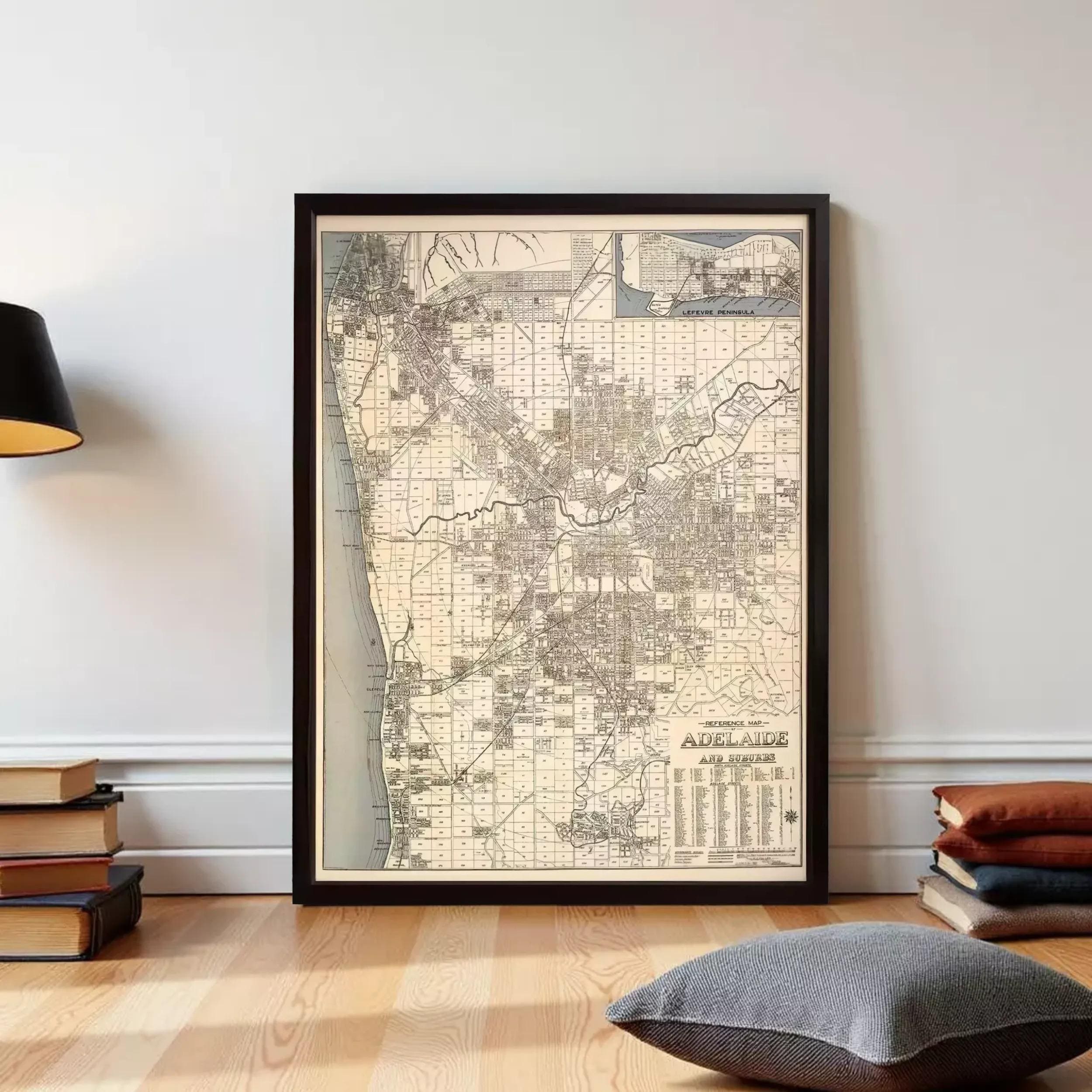 a large framed map of Melbourne, Australia, hanging on a wall.