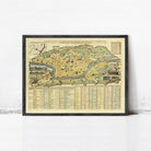 The image is a framed vintage map of a city, depicting various landmarks and streets.