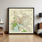 The image is a framed vintage map of the city of Perth, Australia, depicting the city's streets, parks, and other landmarks.