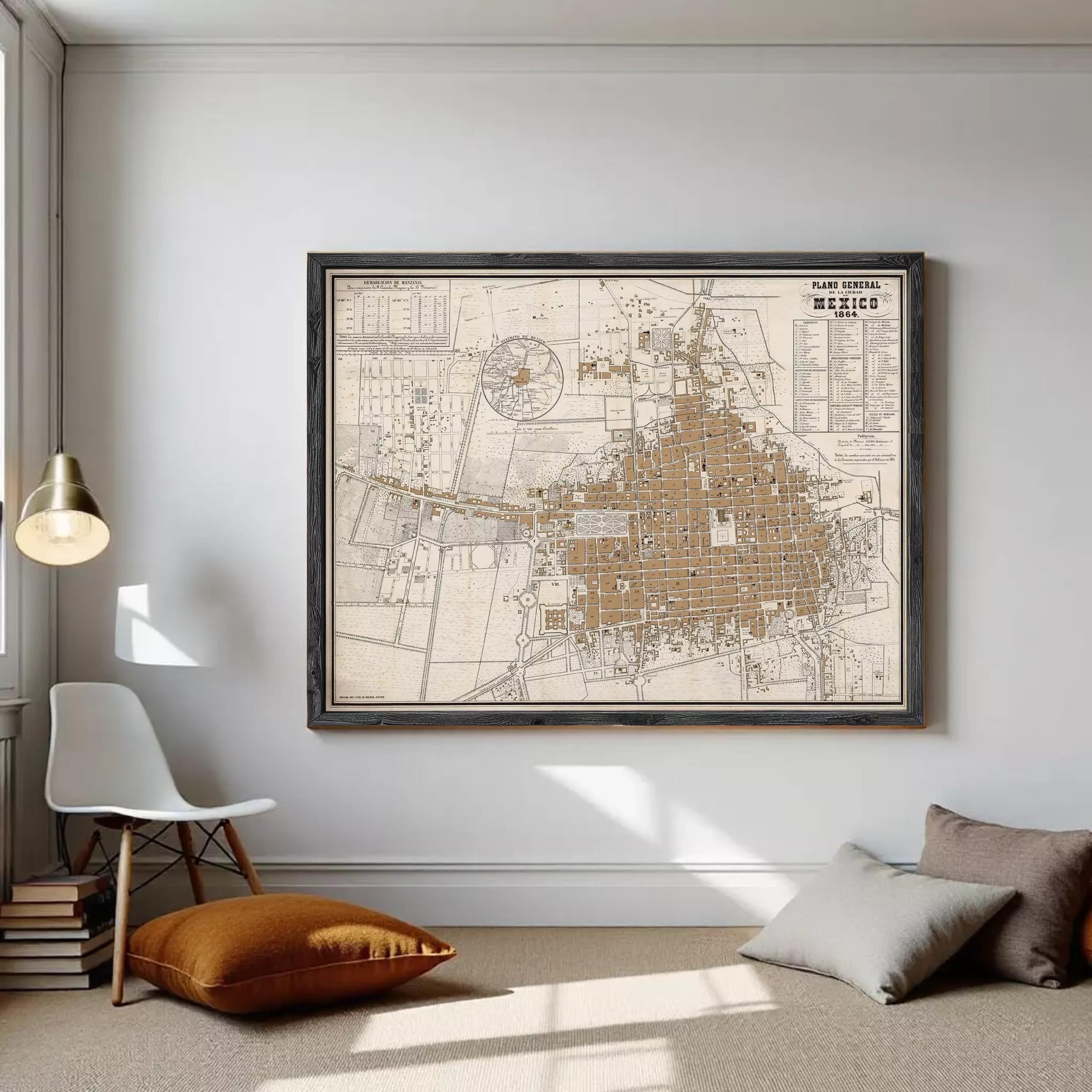 The image is a framed map of Mexico, showing the layout of the city and surrounding areas.