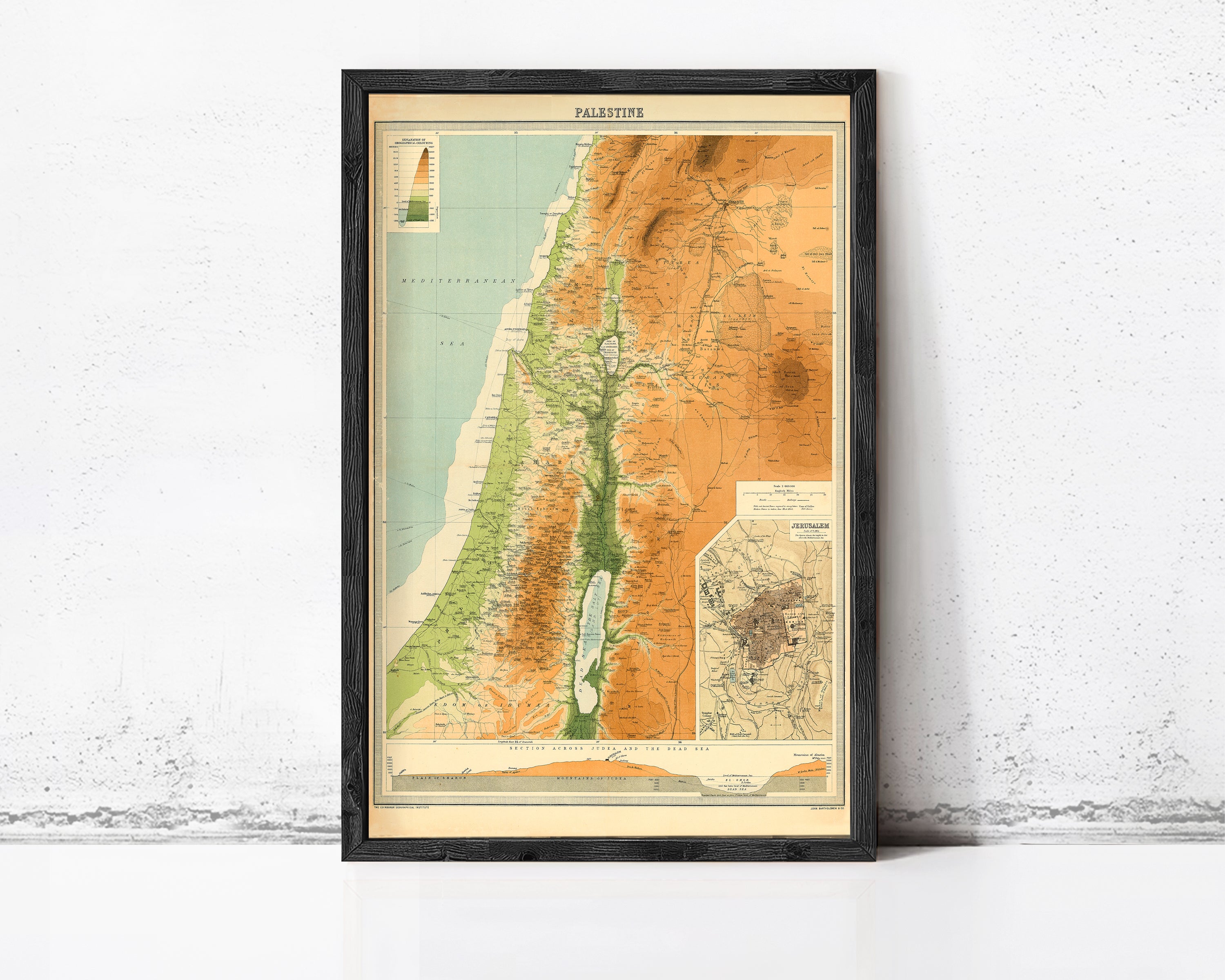 The image is a framed vintage map of the Middle East, depicting various geographical features and locations.