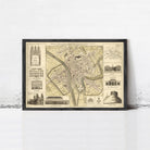 The image is a framed vintage map of a city, featuring various architectural landmarks and buildings.