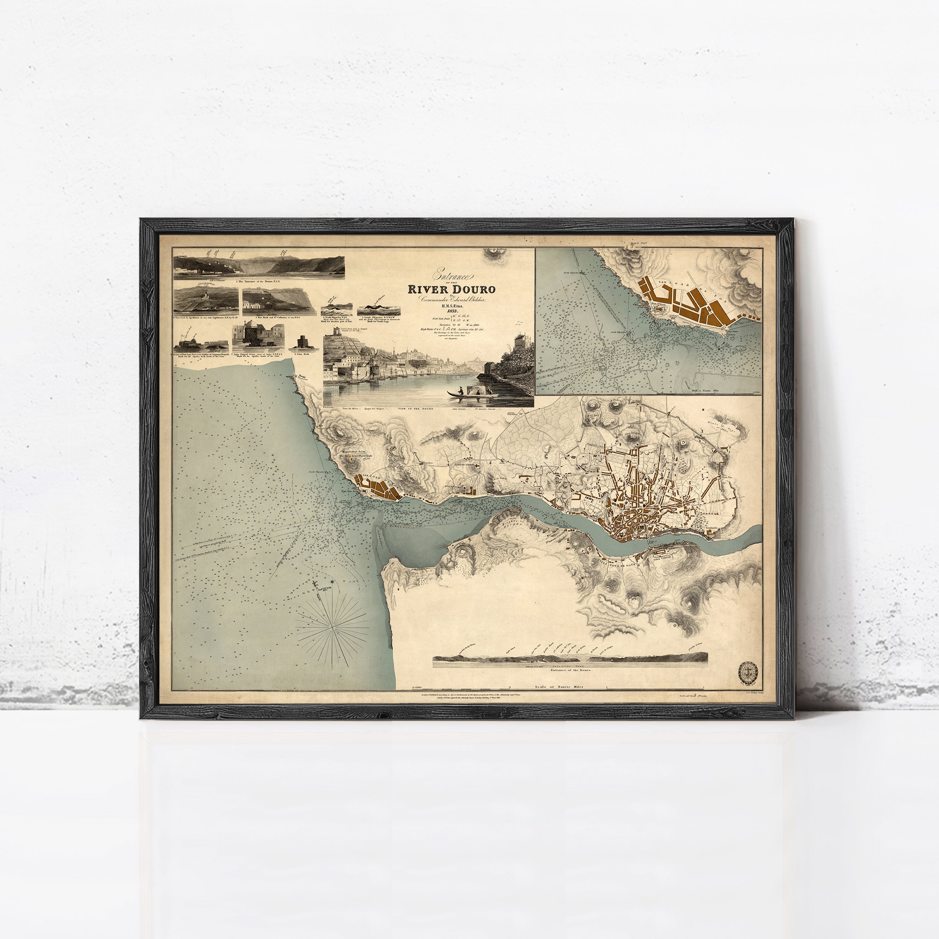 The image is a framed vintage map of the River Duro, depicting various geographical features and landmarks.