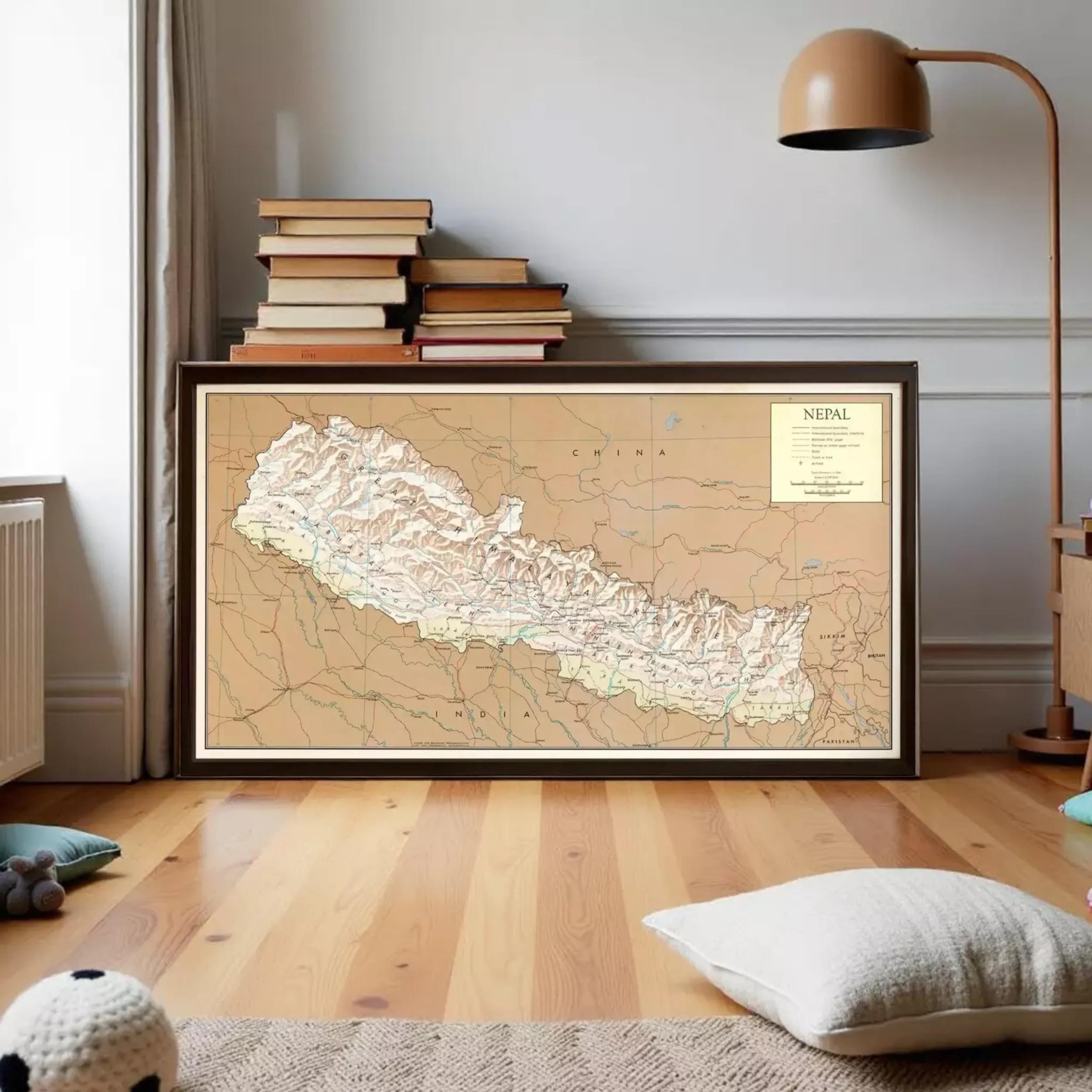 a large framed map of Nepal, with a wooden floor and a lamp in the background.