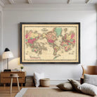 The image is a framed vintage map of the world, depicting the continents and oceans in a detailed and colorful manner.