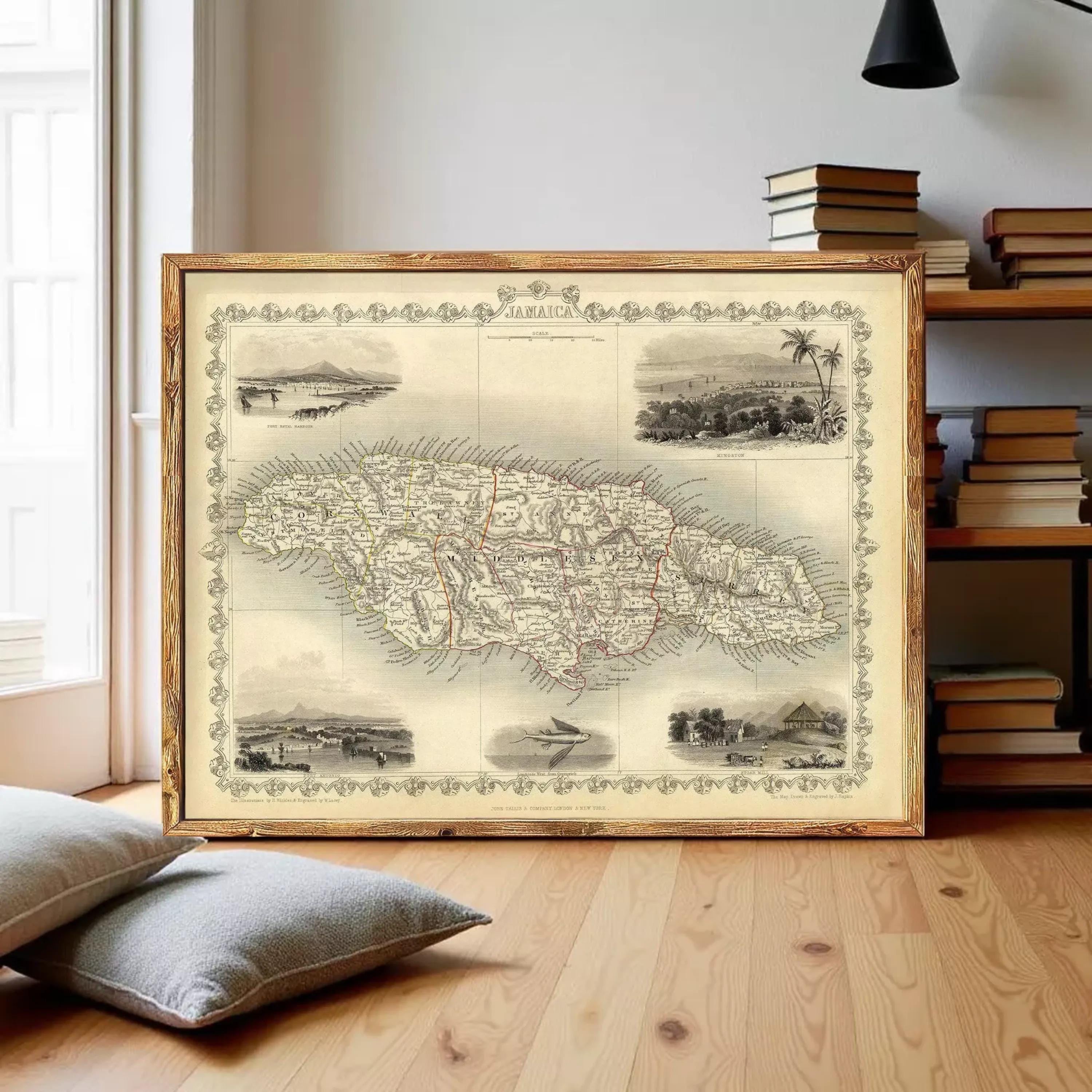 The image is a framed vintage map of Jamaica, featuring various landmarks and geographical details.