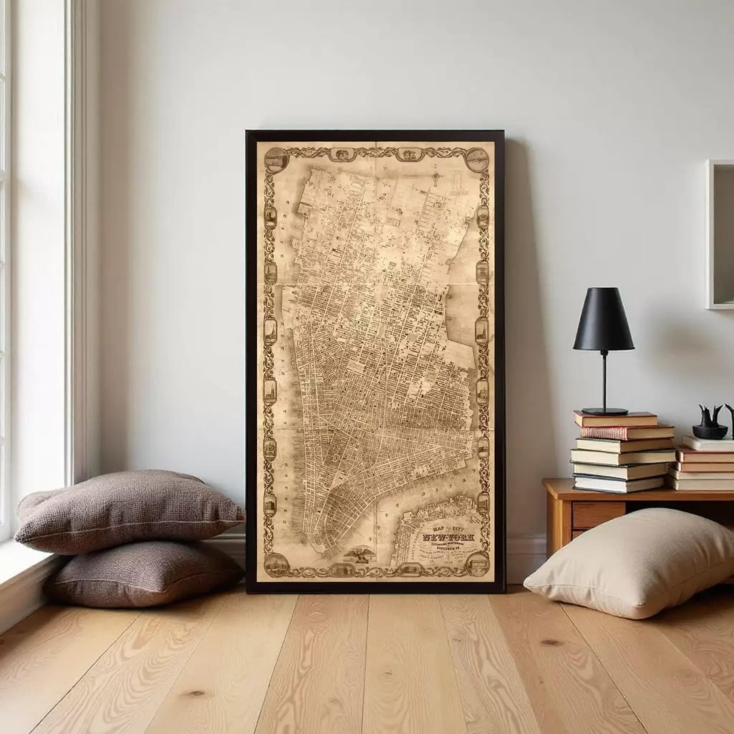 The image is a framed map of New York City, depicting the city's streets and landmarks.