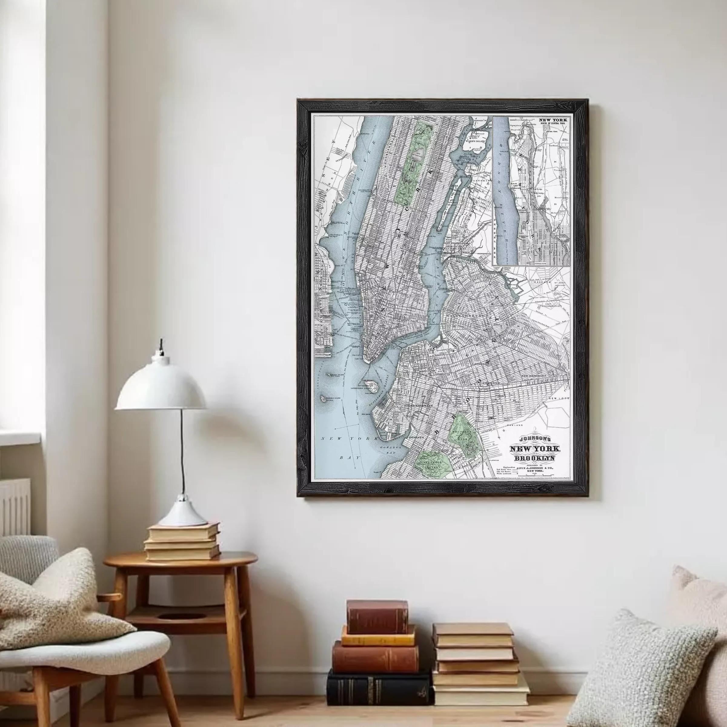 The image is a framed map of New York City, depicting the city's streets, waterways, and surrounding areas.
