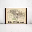The image is a framed historical map of Turin, Italy, depicting the city's layout and surrounding areas.