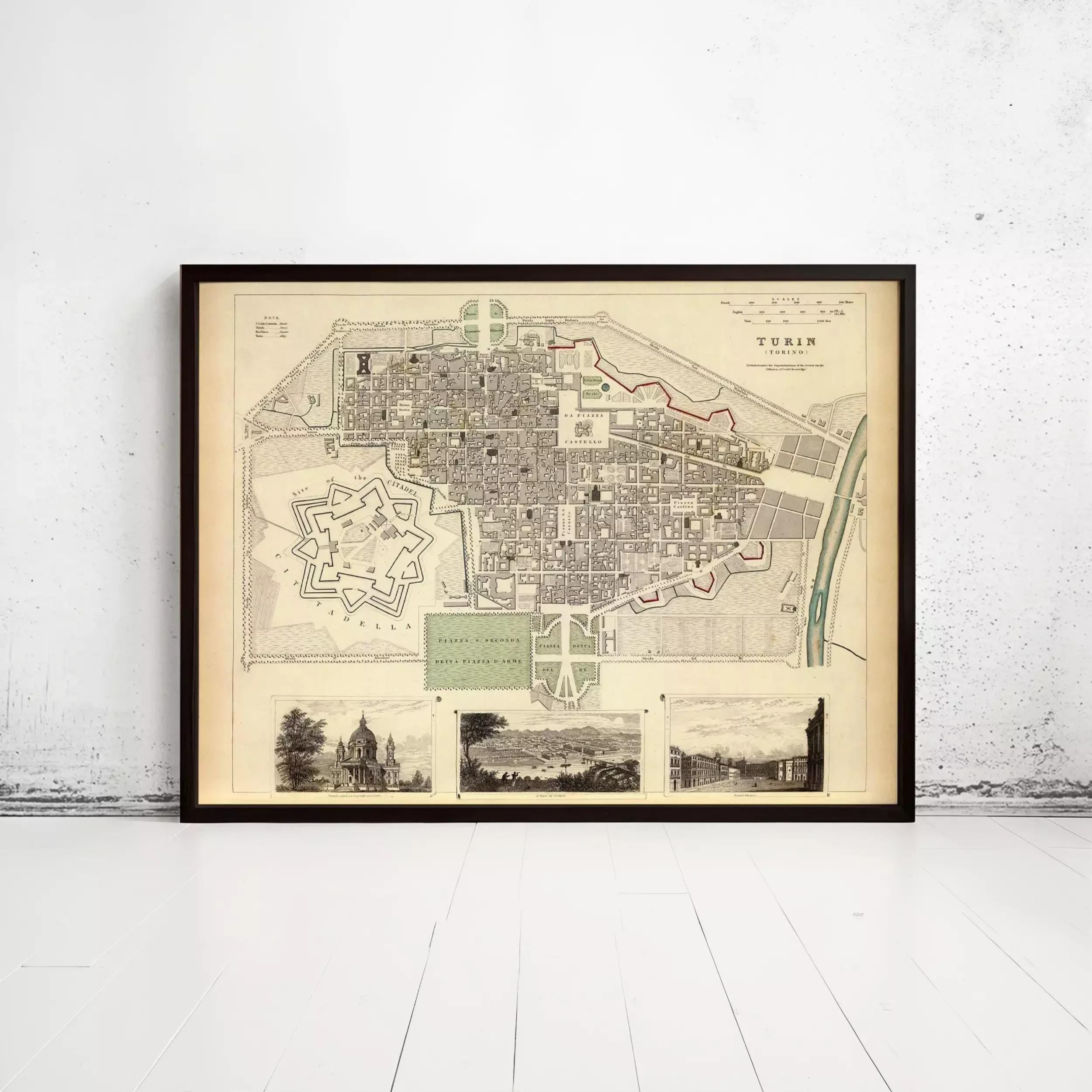 The image is a framed historical map of Turin, Italy, depicting the city's layout and surrounding areas.