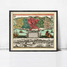 The image is a framed vintage map of a city, depicting various landmarks and ships.