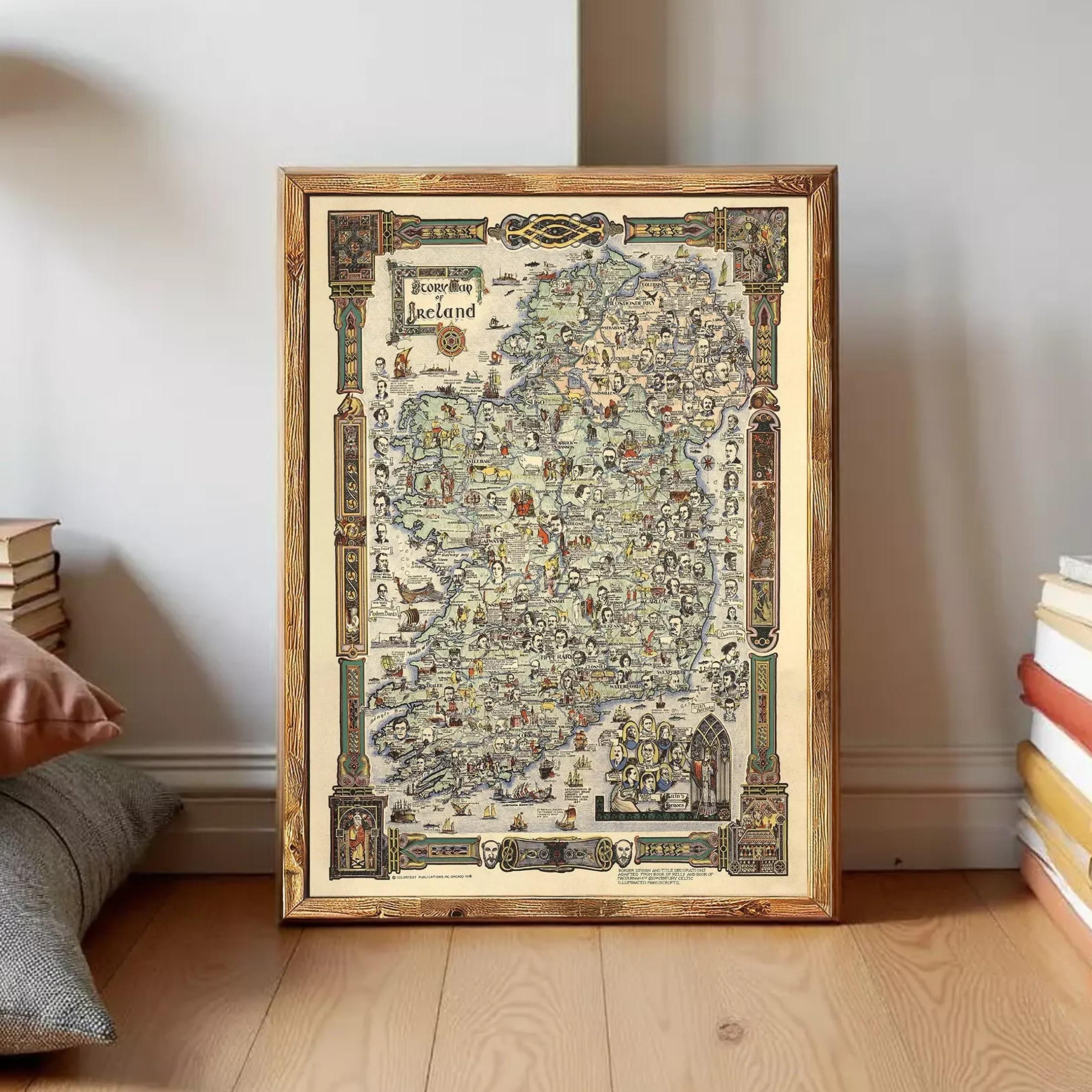 The image is a framed map of Ireland, featuring various landmarks and geographical features.