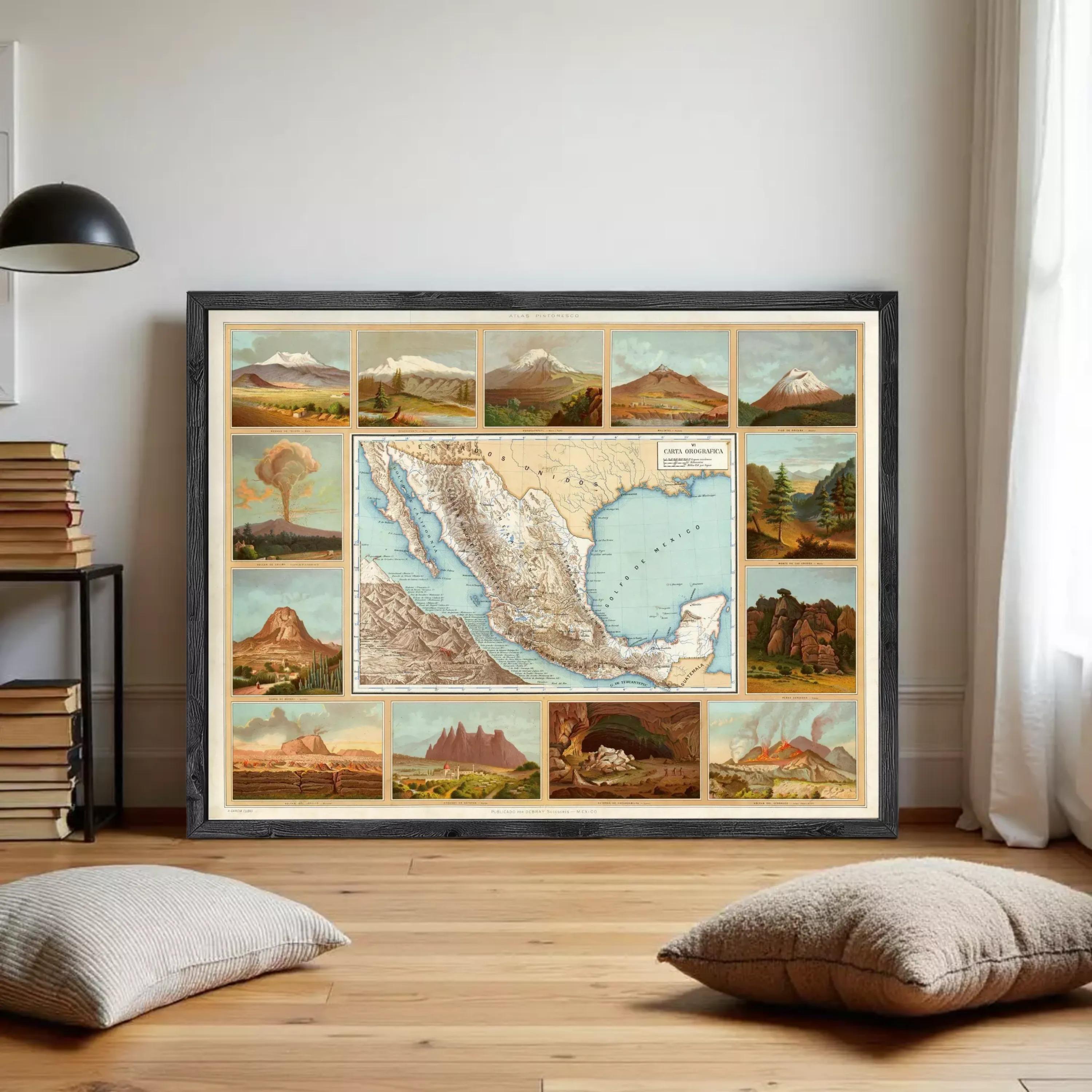 The image is a framed collage of various landscape and geological scenes, including mountains, valleys, and other natural features.