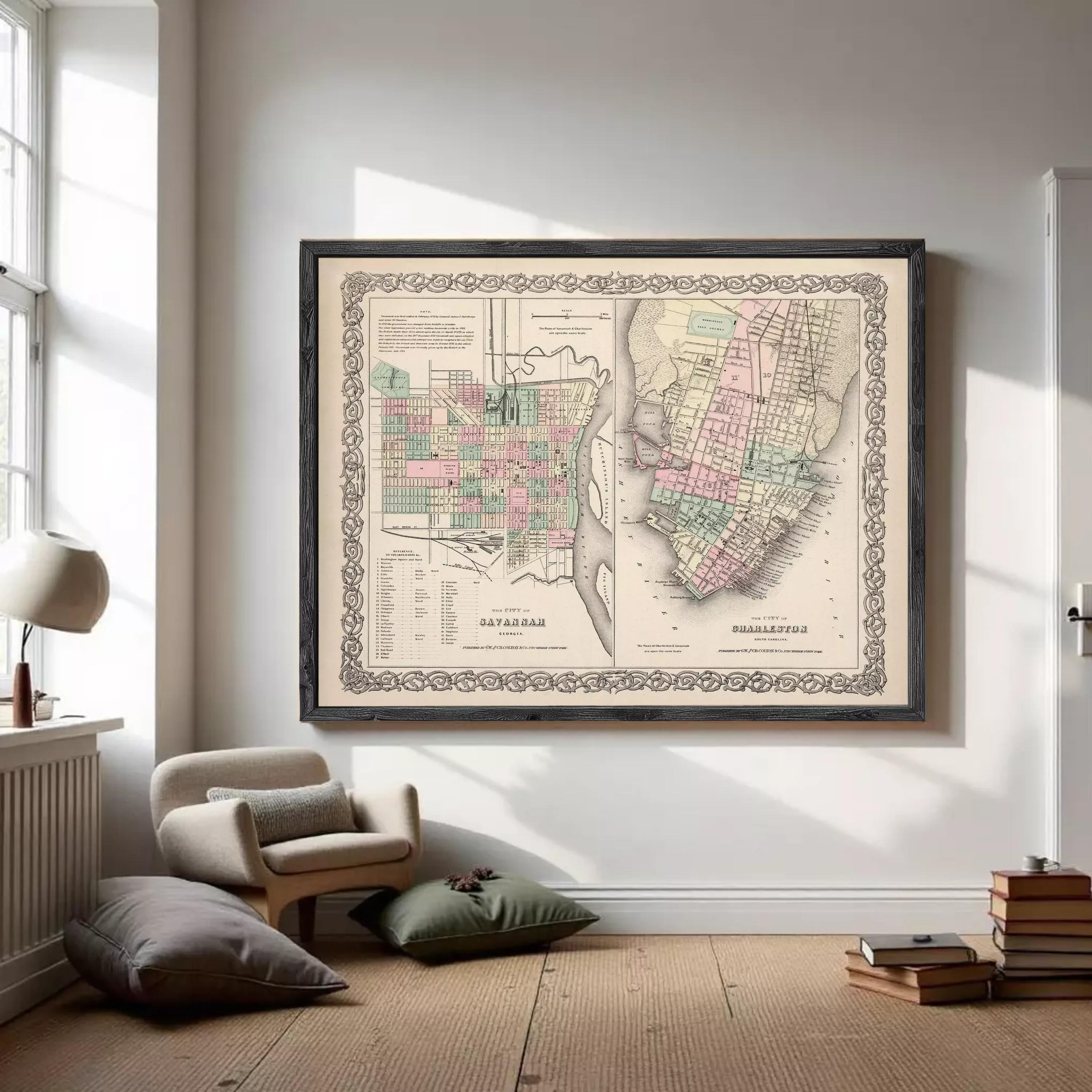The image is a framed vintage map of the city of Savannah, Georgia, with a detailed layout of the city's streets and neighborhoods.