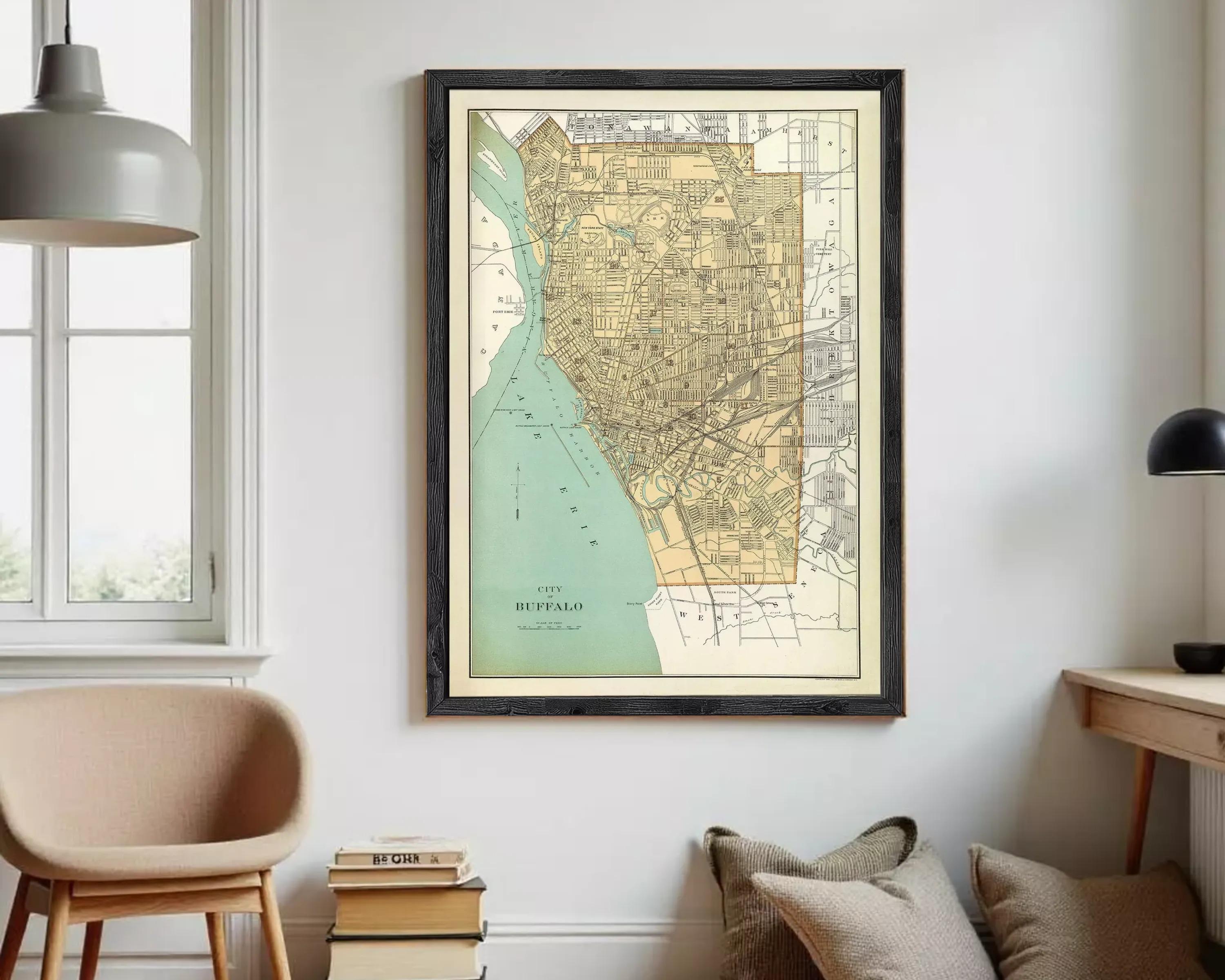 The image is a framed vintage map of Buffalo, New York, depicting the city's layout and surrounding areas.