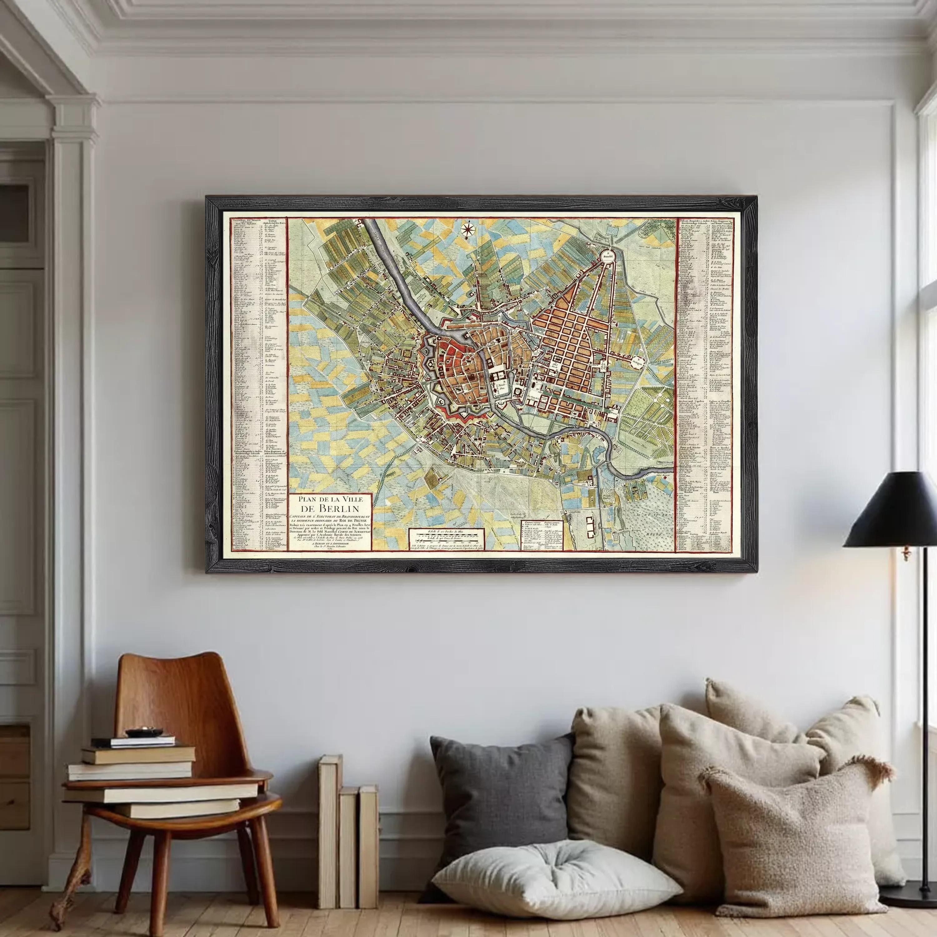 The image is a framed map of a city, likely from the past, with various labels and details indicating different locations and features within the city.