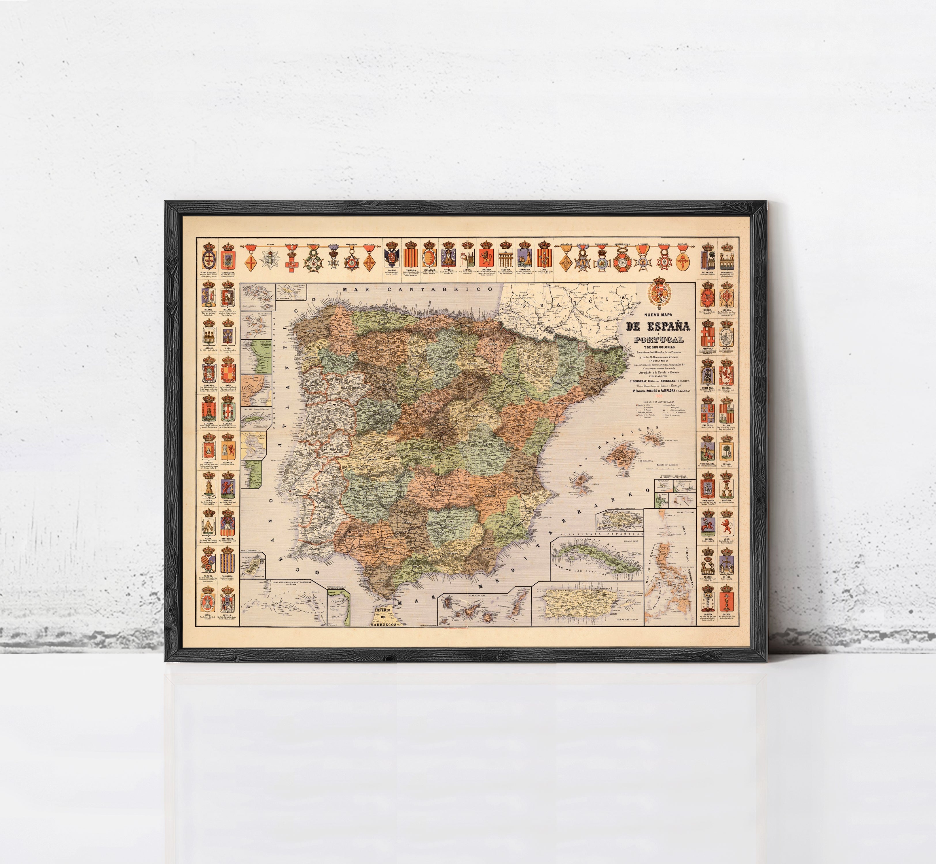 The image is a framed map of Spain, with various symbols and labels indicating different regions and zones within the country.