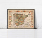 The image is a framed map of Spain, with various symbols and labels indicating different regions and zones within the country.