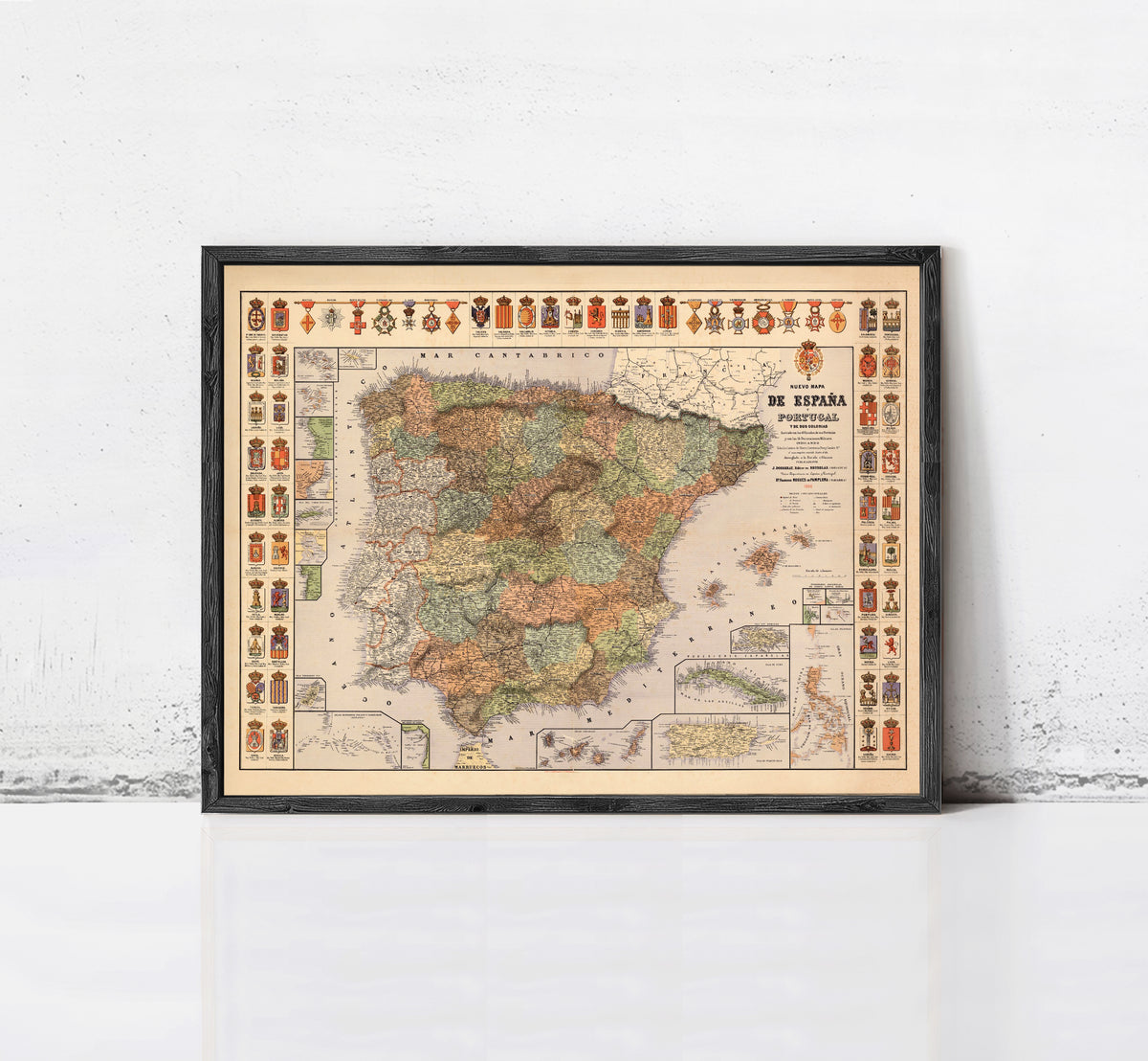 The image is a framed map of Spain, with various symbols and labels indicating different regions and zones within the country.