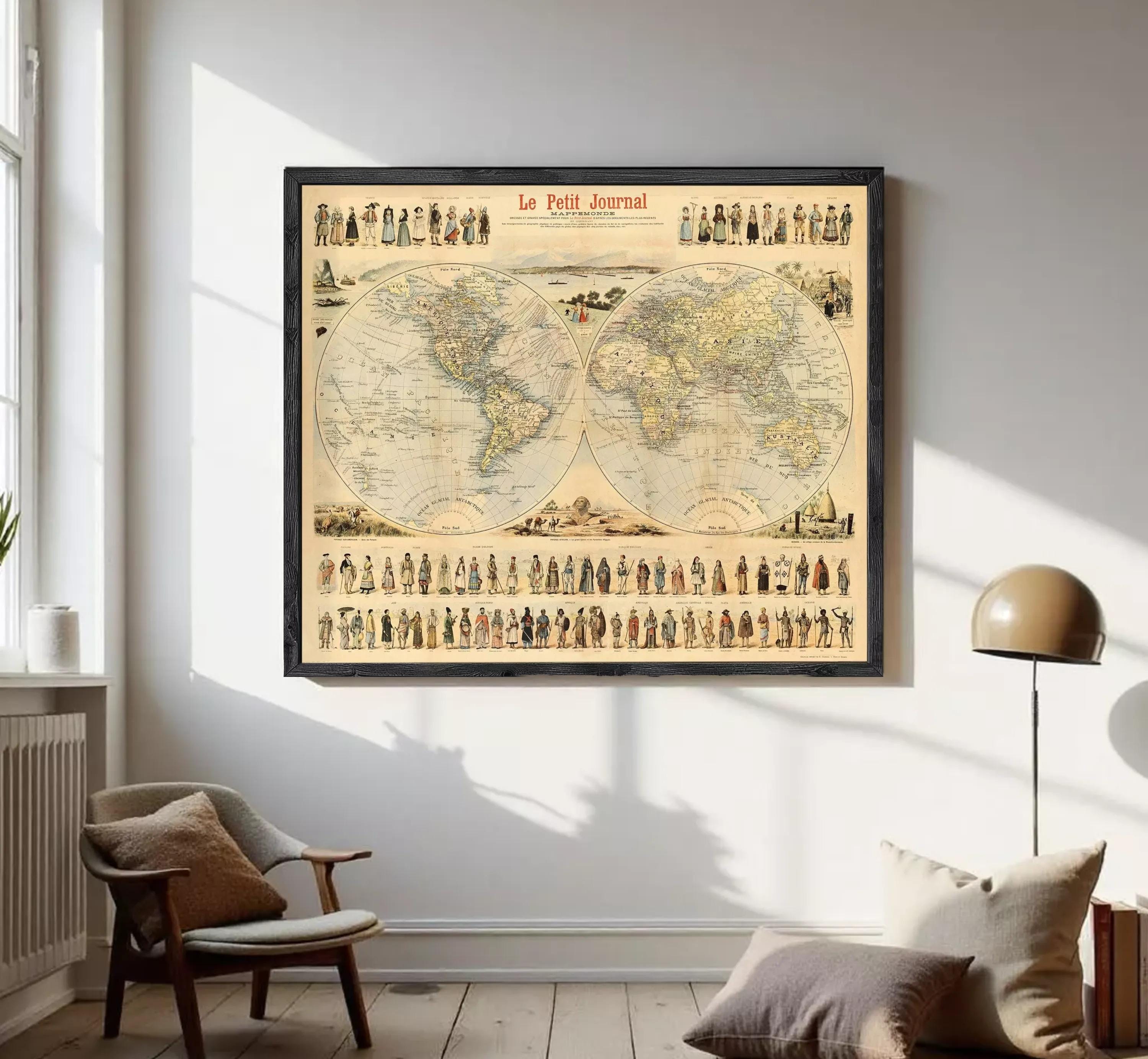 The image is a framed vintage map of the world, depicting people in various outfits and styles, likely representing different cultures and time periods.