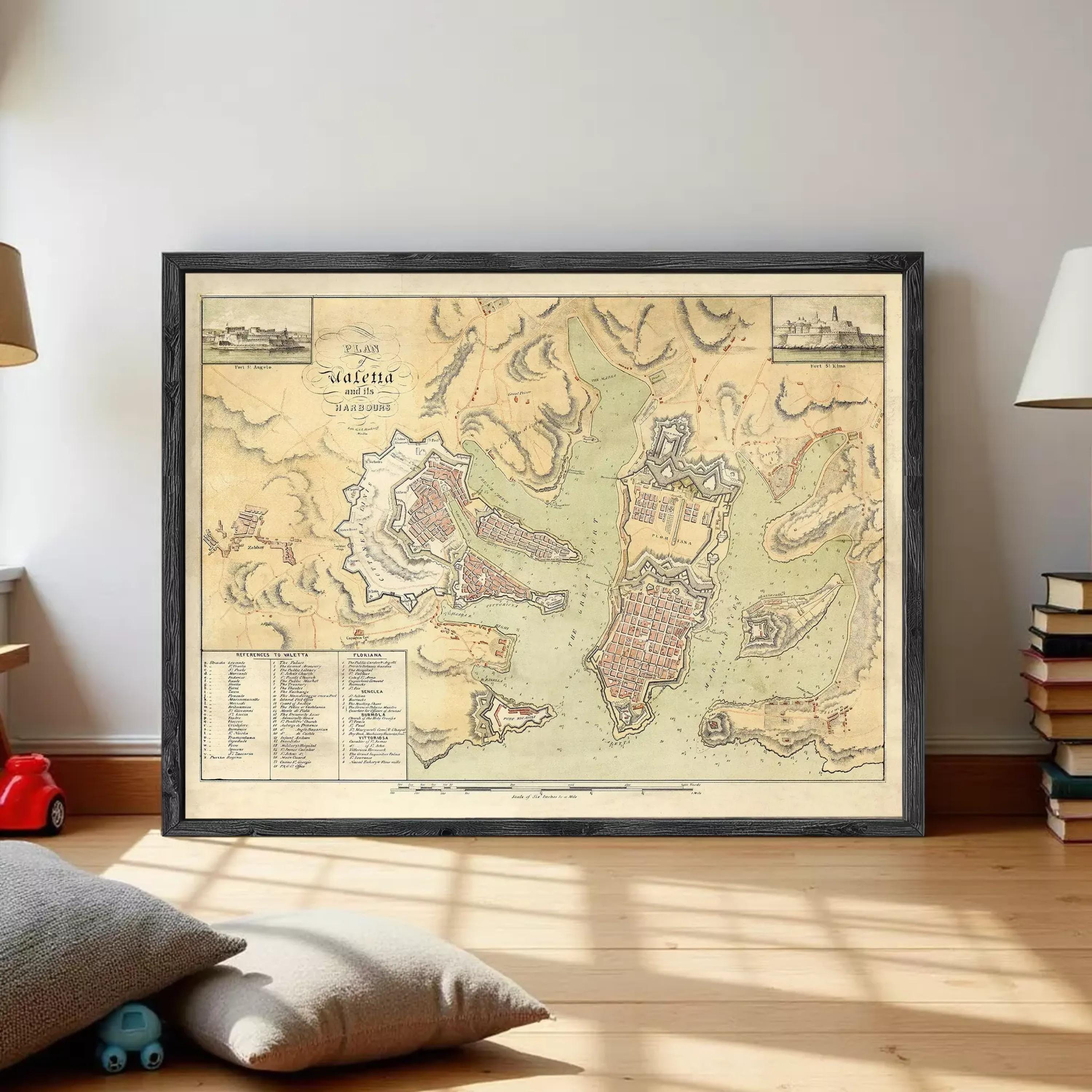 The image is a framed historical map of a region, likely depicting a city or town.