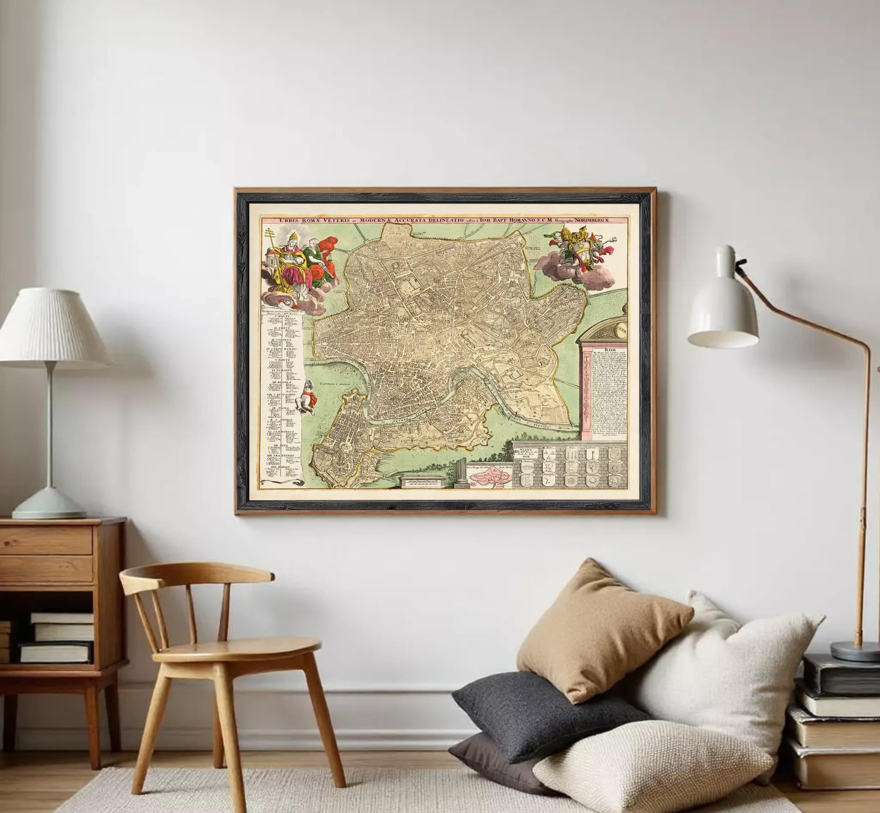 The image is a framed antique map of Rome, Italy, depicting the city's layout and surrounding areas.
