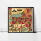 A framed vintage map of New York, depicting the state in a colorful and detailed manner.