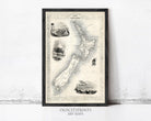 The image is a framed vintage map of New Zealand, featuring various landmarks and geographical features.