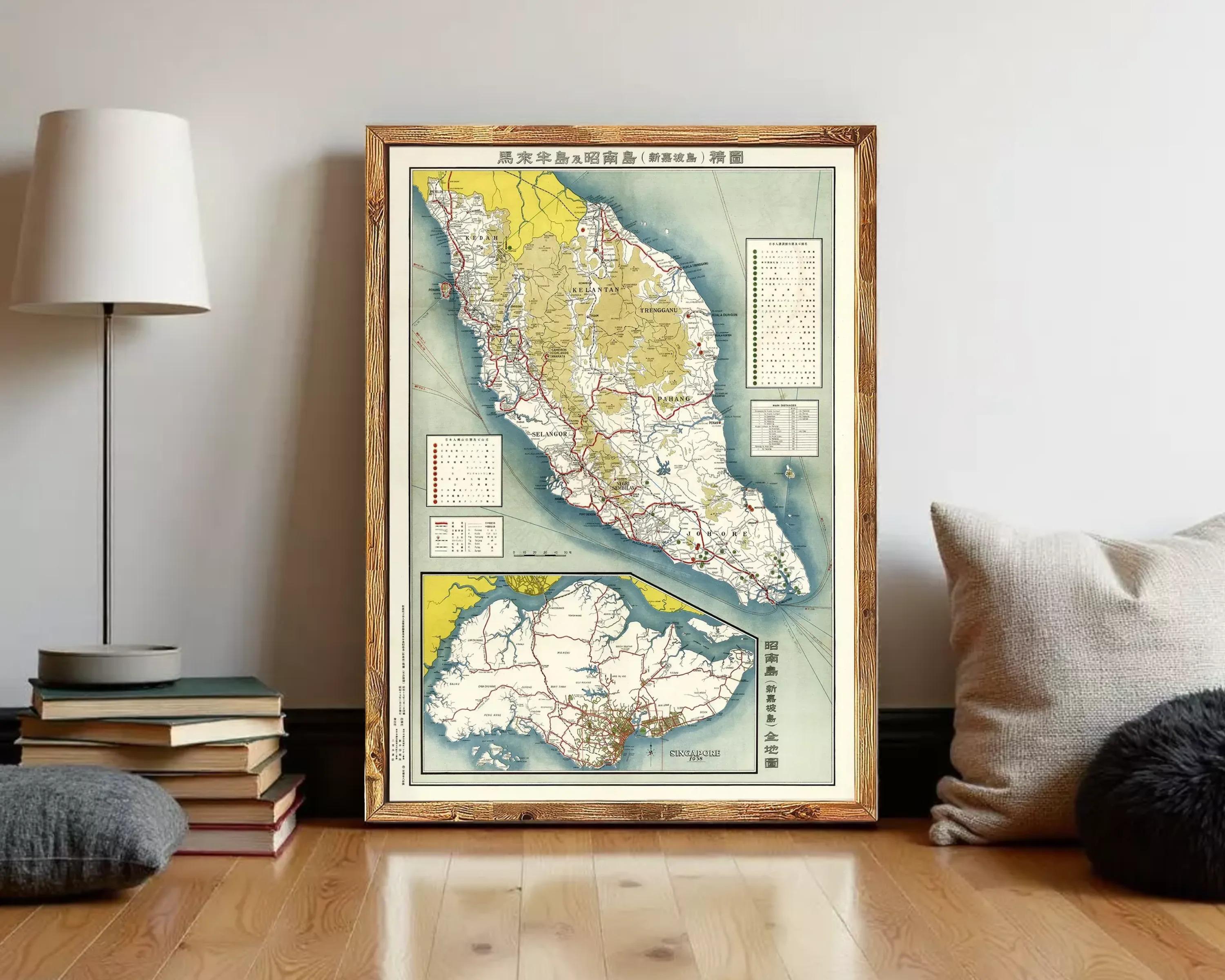 The image is a framed vintage map of Malaysia, showing the country's geographical layout and surrounding areas.