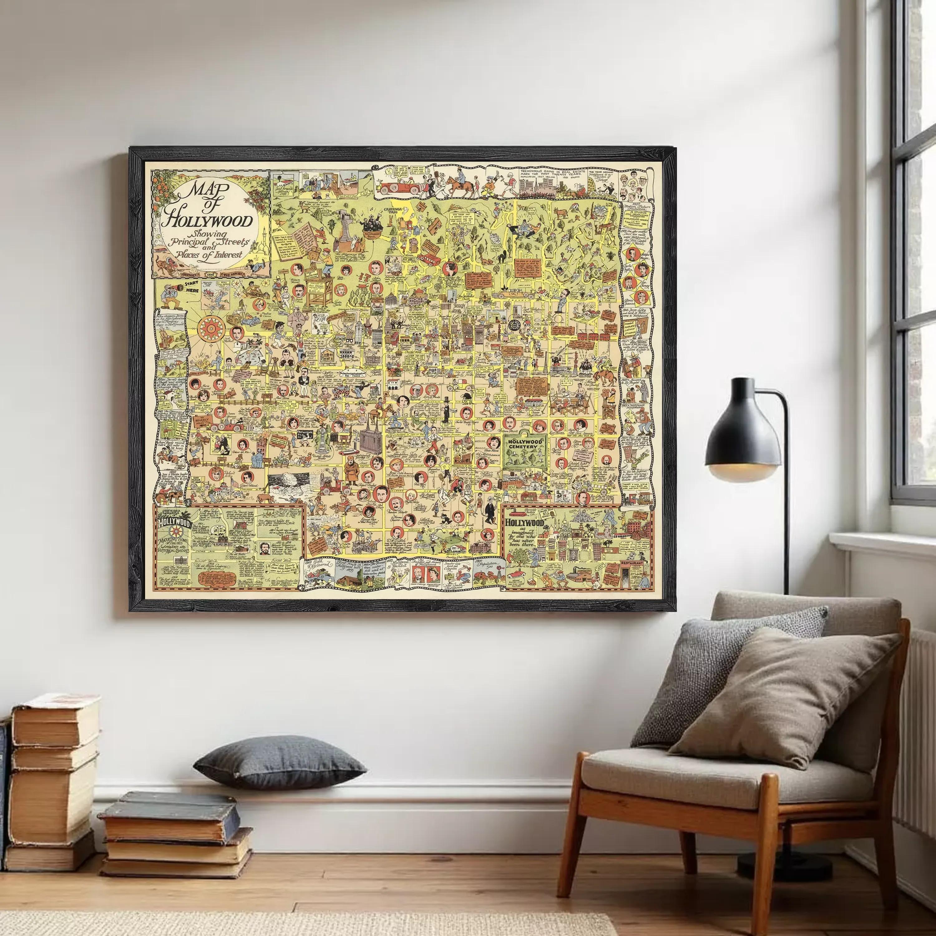 The image is a framed vintage map of Hollywood, California, depicting various landmarks, streets, and people in a detailed and colorful manner.