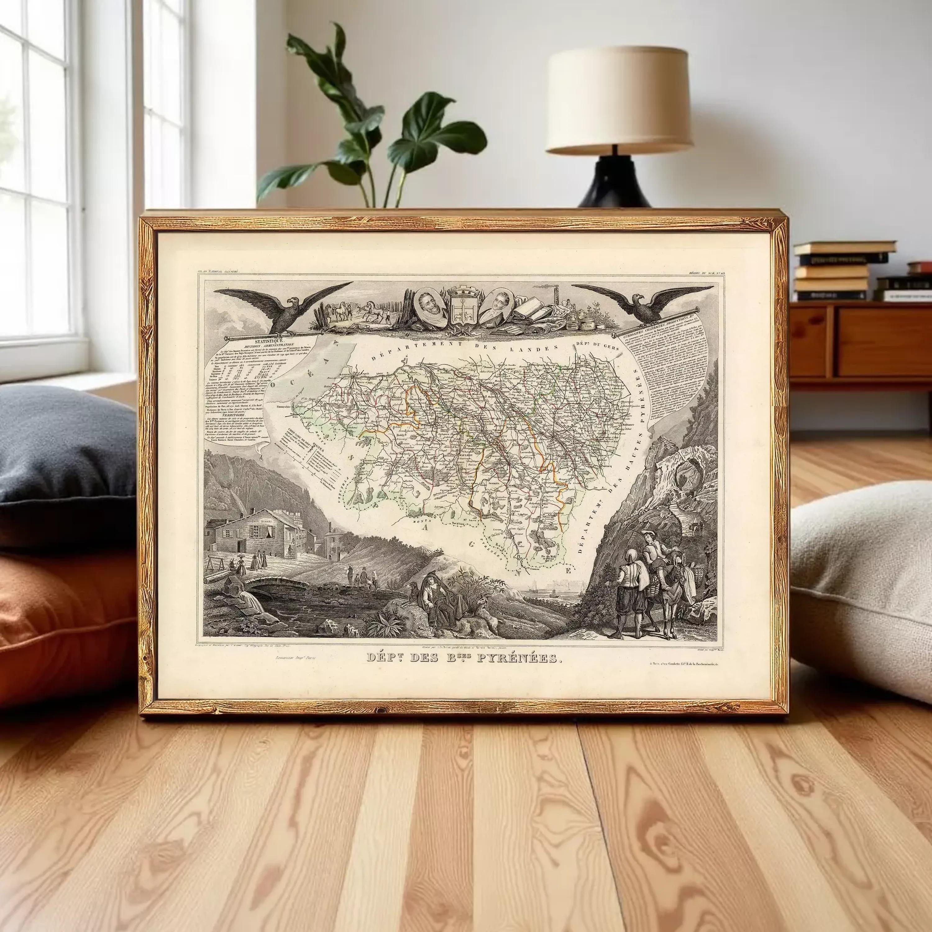The image is a framed antique map of a region, likely depicting a historical or geographical area.
