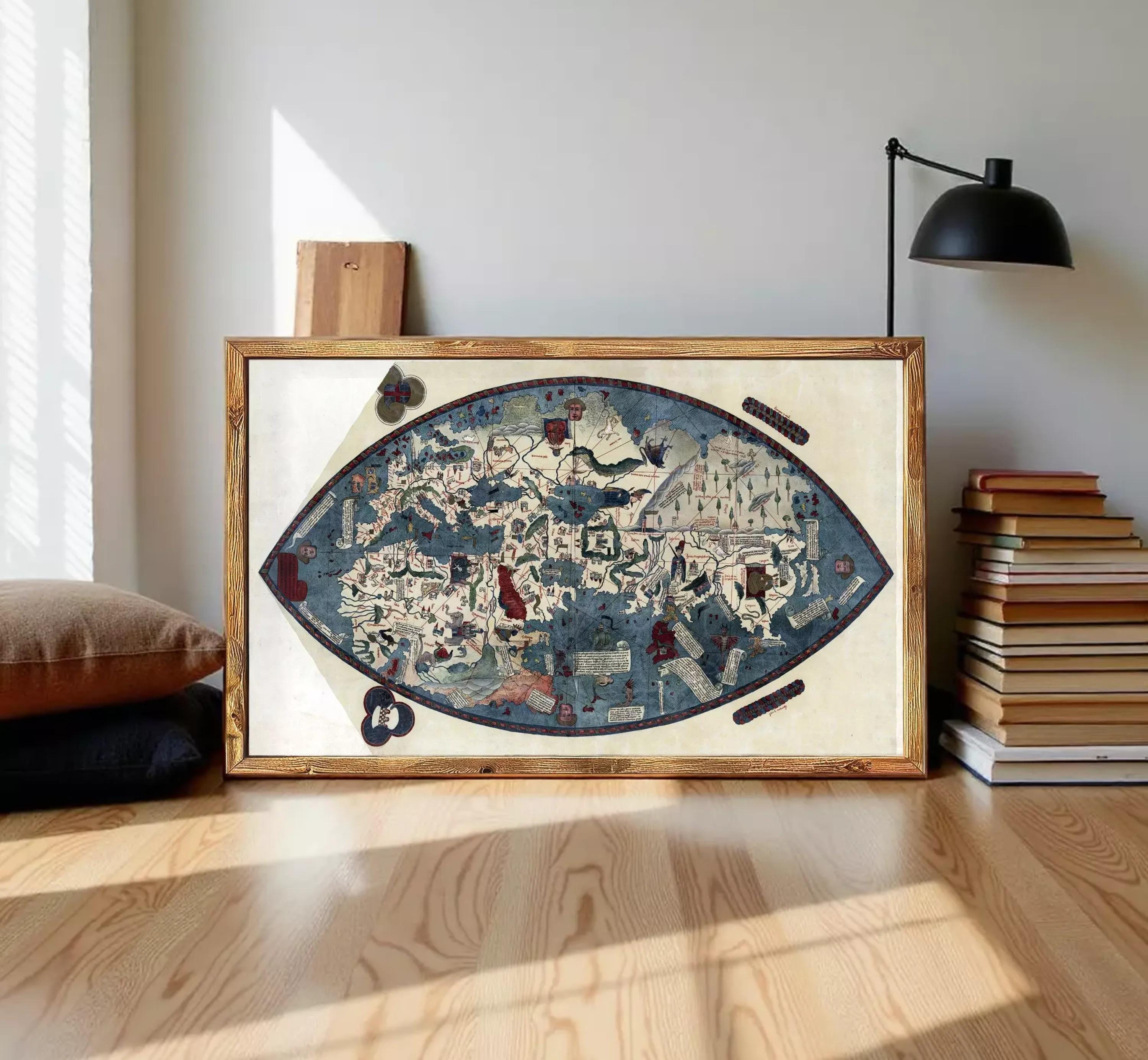 The image is a framed map of the world, depicting various landmarks and geographical features.