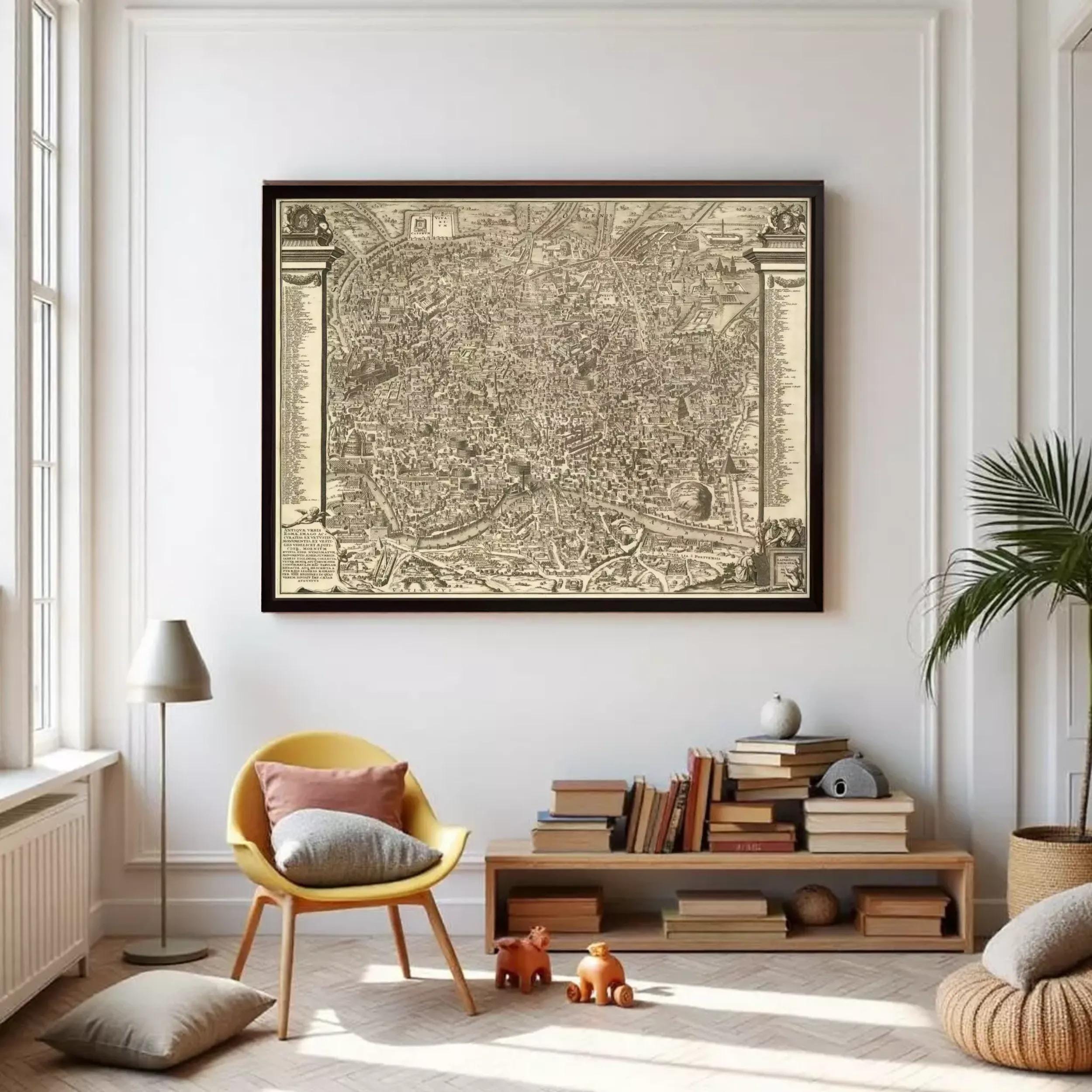a cozy living room with a large framed map hanging on the wall, a yellow armchair, a wooden bookshelf filled with books, and a potted plant.