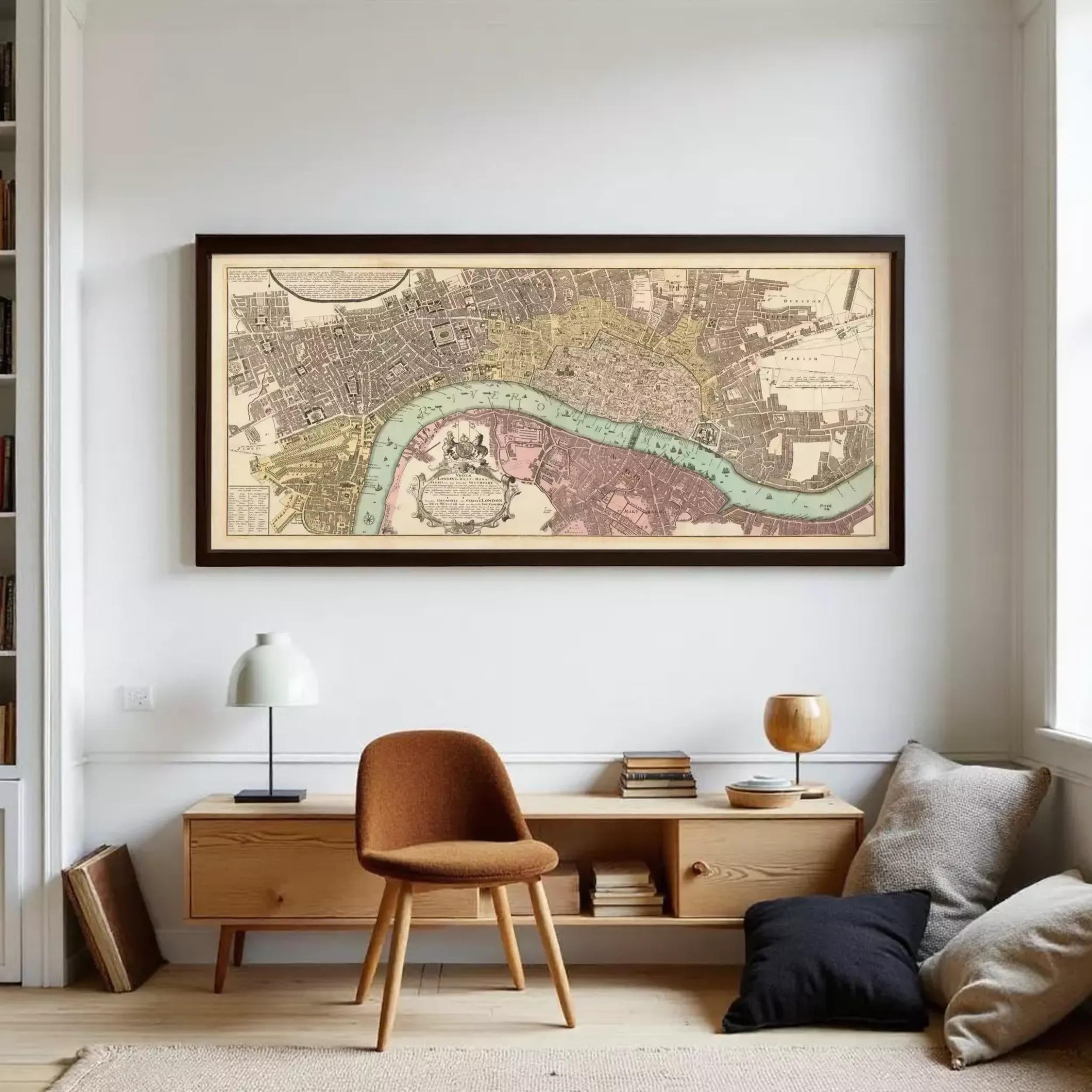 A framed historical map of London, featuring a detailed illustration of the city's streets, landmarks, and waterways.