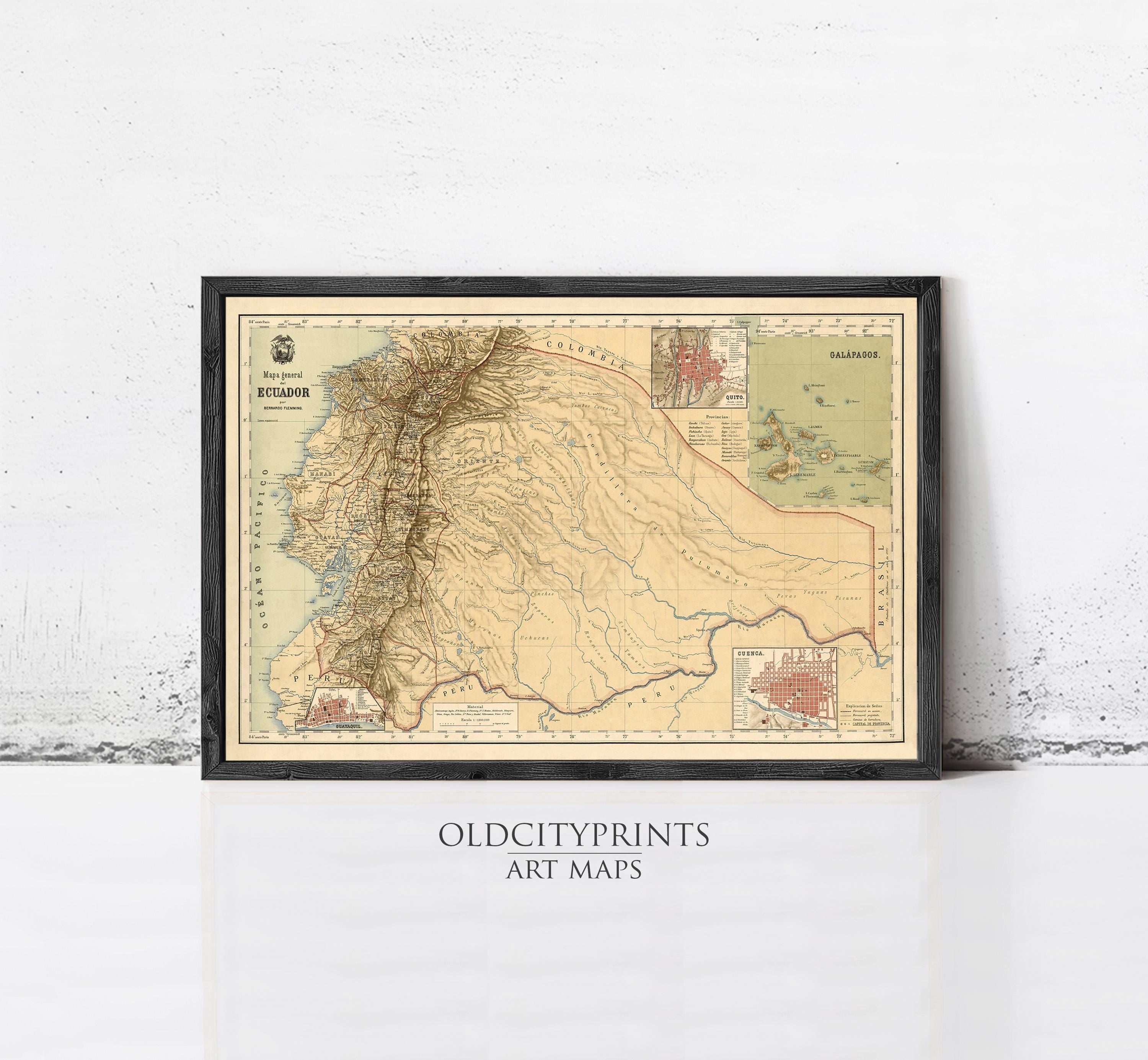 The image is a framed vintage map of South America, specifically the Andes Mountains region, with a black border and a beige background.
