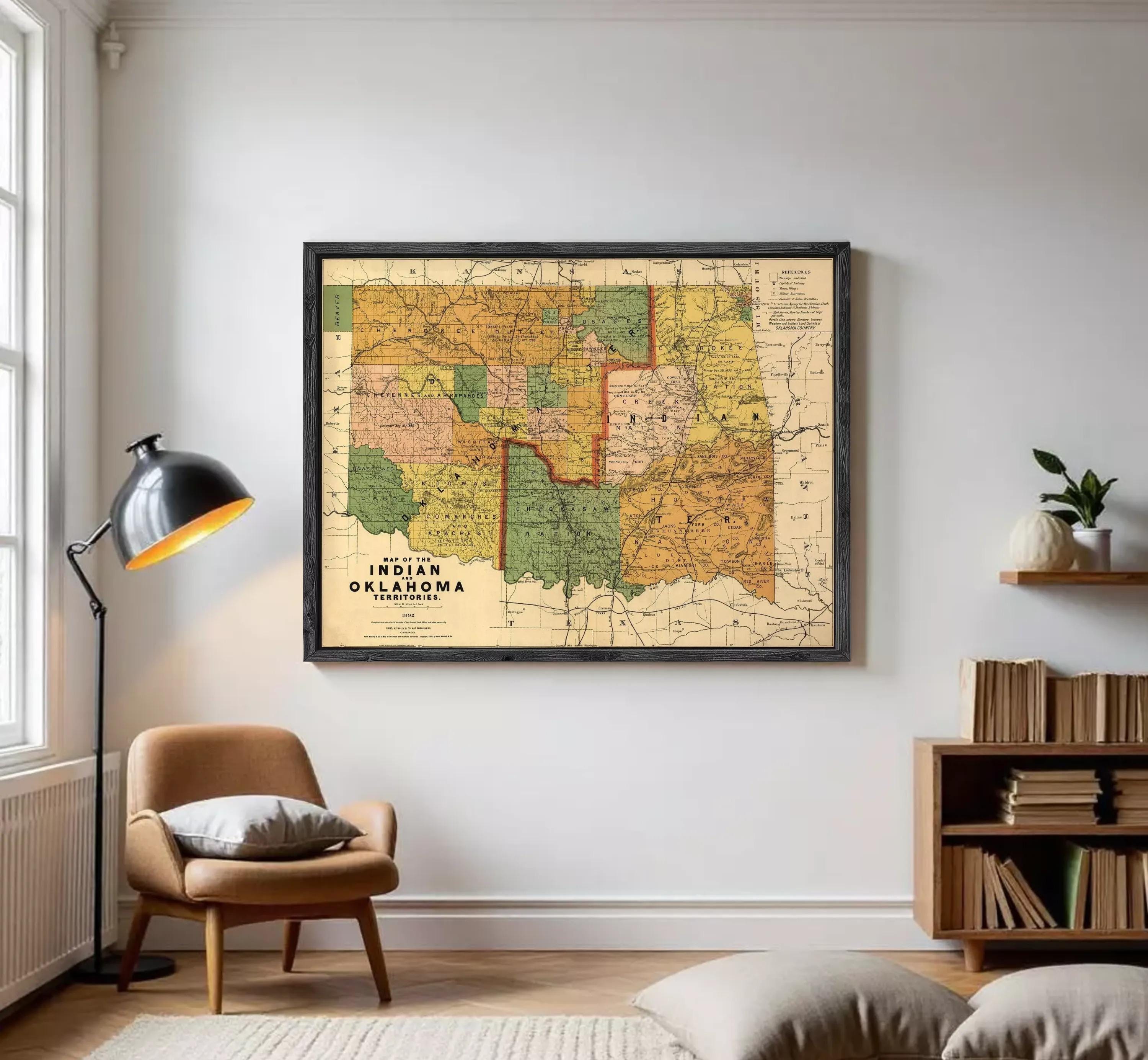 The image is a framed vintage map of the Indian reservations in Oklahoma, depicting the state's tribal lands and boundaries.