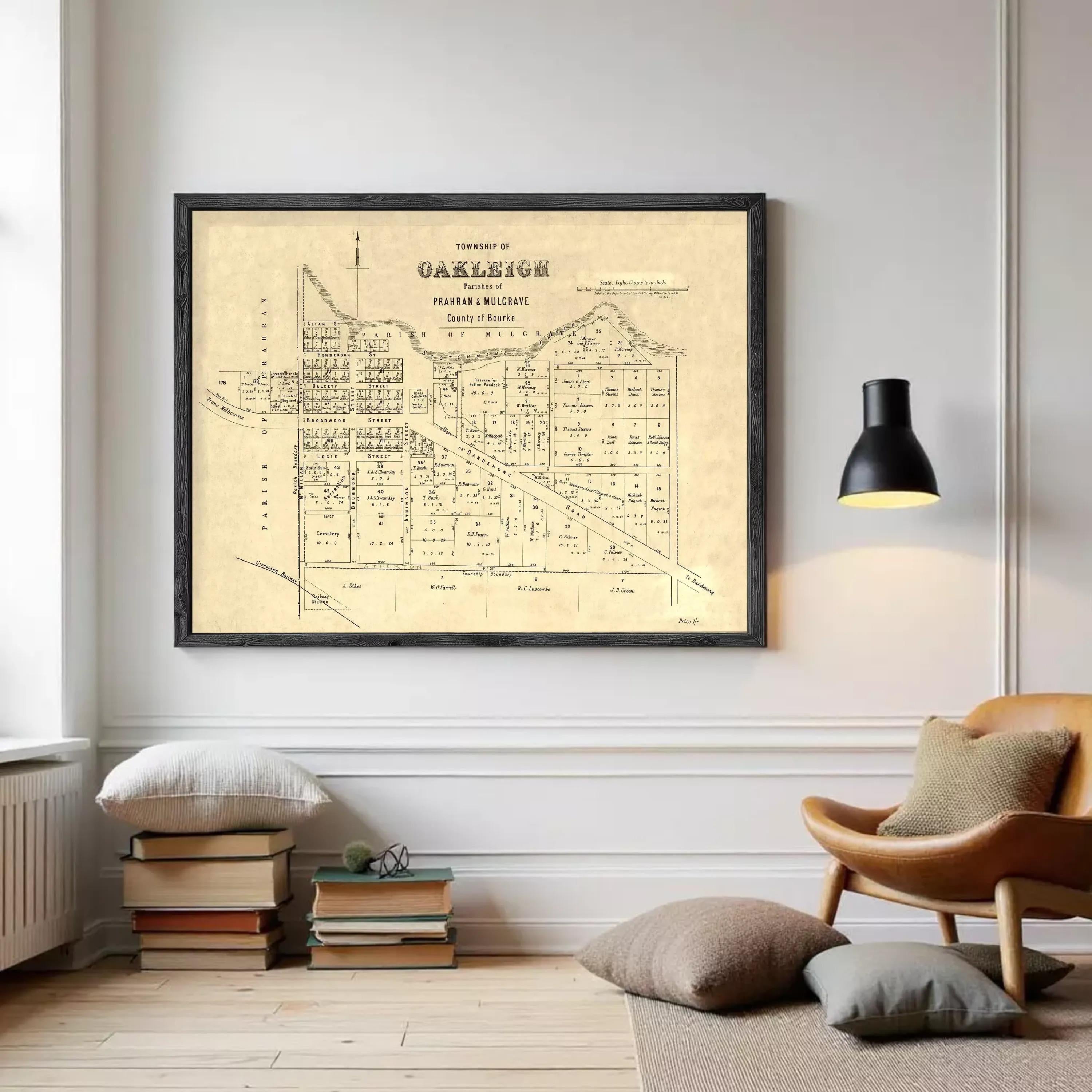 The image is a framed historical map of Oakleigh, Prahran & Mullave, County of scratches.